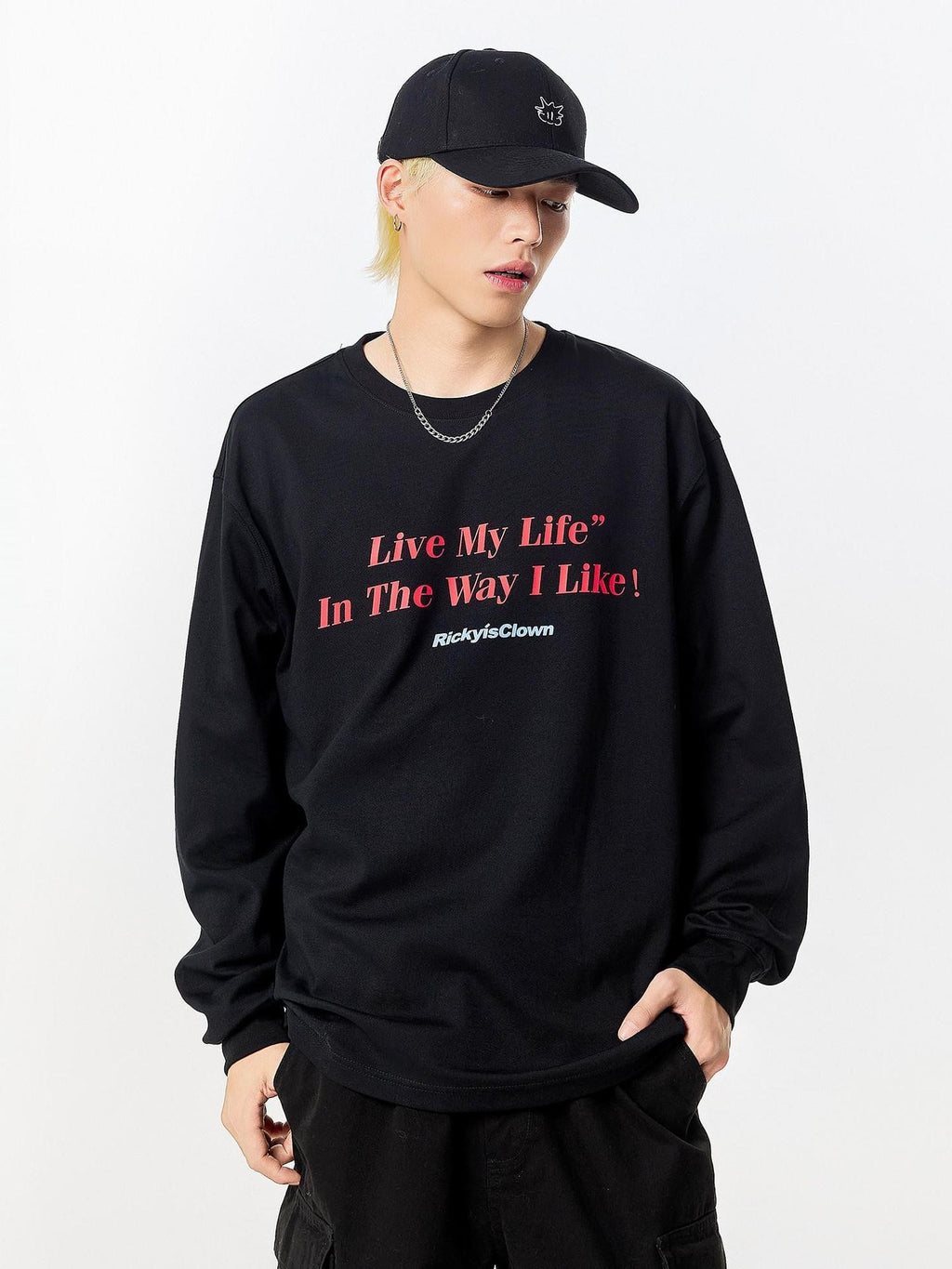 RickyisClown Letter Print American Street Design Men's Long Sleeve T-shirts