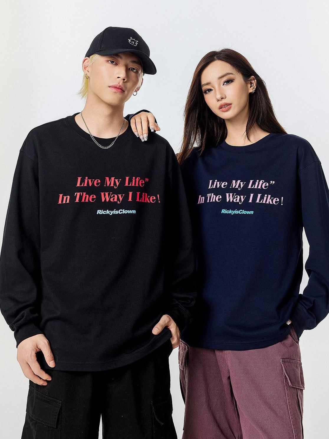 RickyisClown Letter Print American Street Design Men's Long Sleeve T-shirts