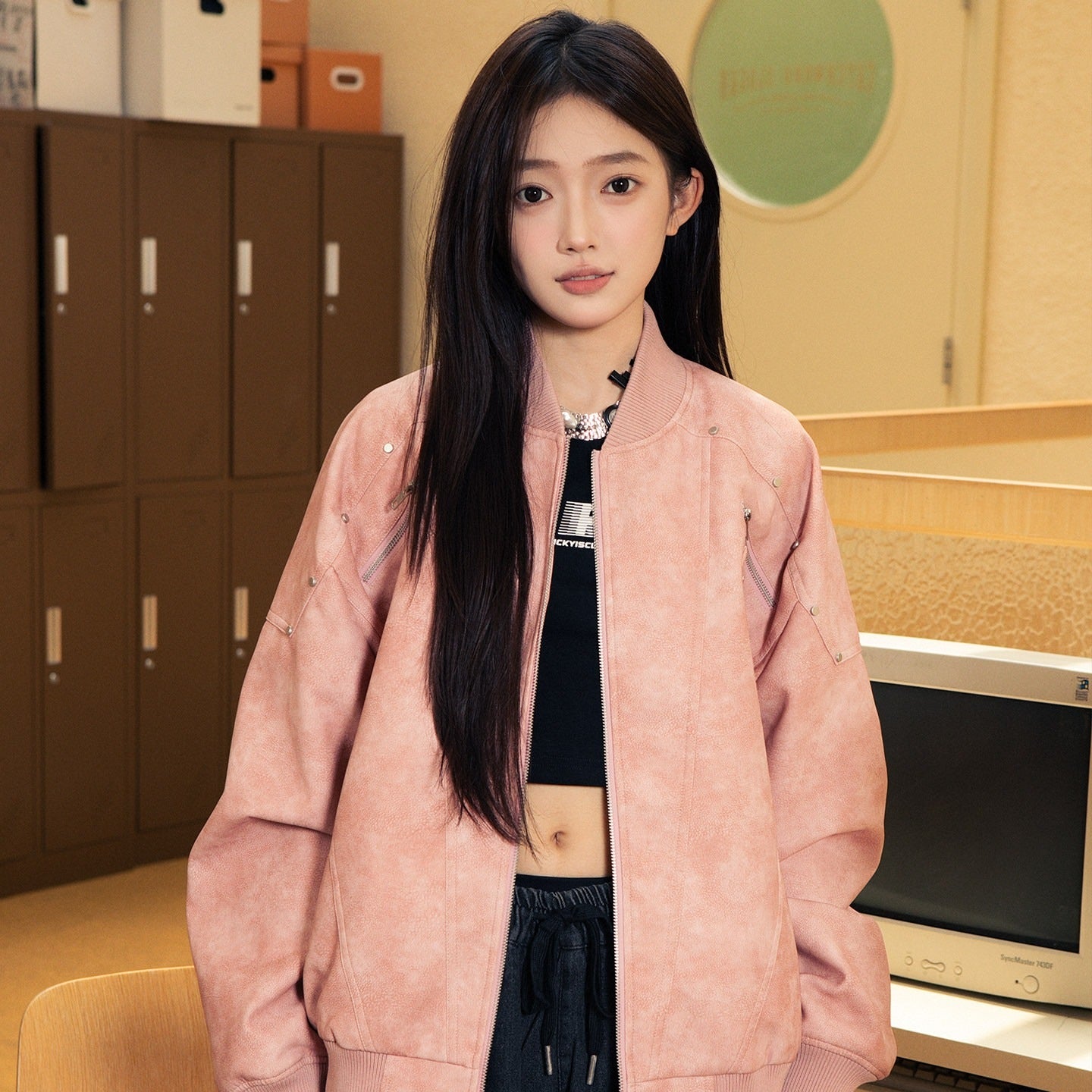 RickyisClown_Light_Pink_Zipper_Baseball_Collar_Ribbed_Hem_Men's_Polyester_Leather_Jackets_MISSTT