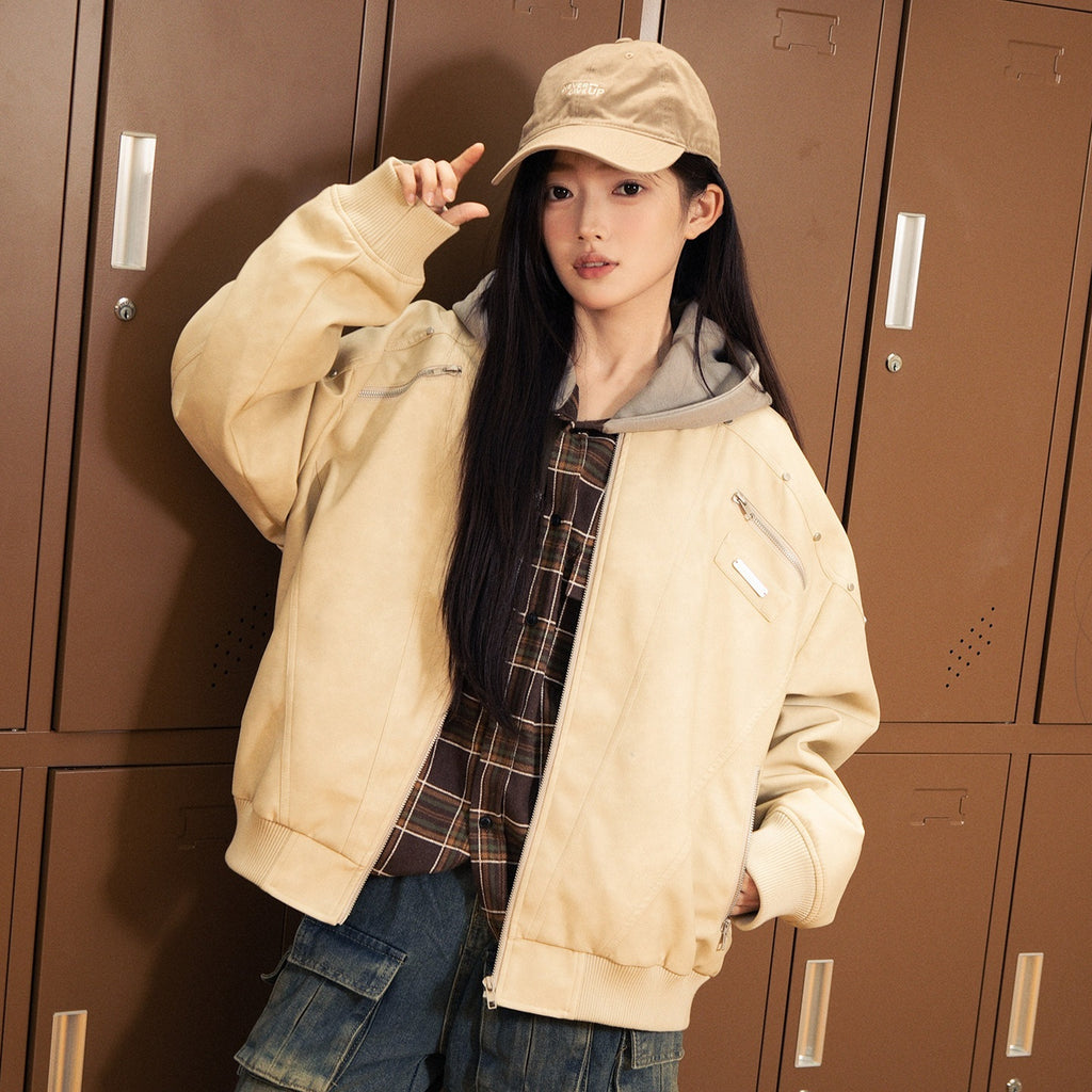 RickyisClown_Light_Pink_Zipper_Baseball_Collar_Ribbed_Hem_Men's_Polyester_Leather_Jackets_MISSTT