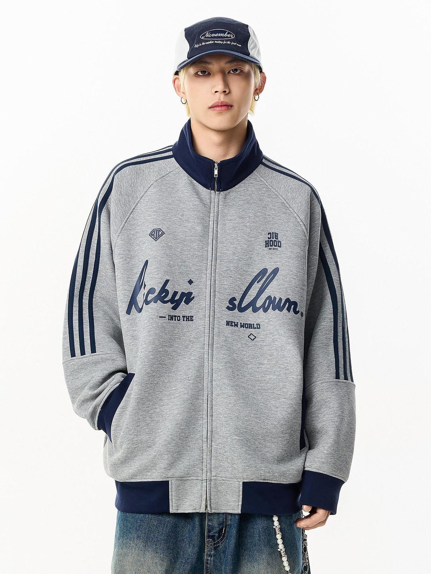 RickyisClown Loose Fit Colorblock Stand Collar Sporty Men's Air Layer Harrington Jackets