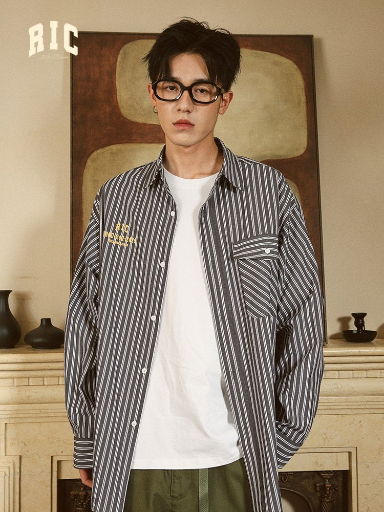 RickyisClown_Loose_Fit_Emergency_Phone_Embroidery_Couple_Matching_Men's_Striped_Shirts_MISSTT