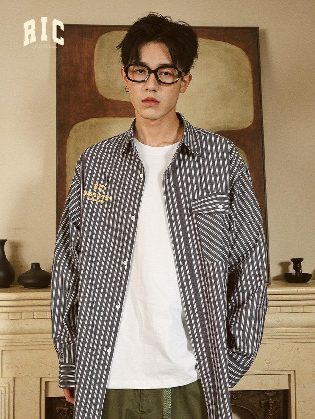 RickyisClown Loose Fit Emergency Phone Embroidery Couple Matching Men's Striped Shirts