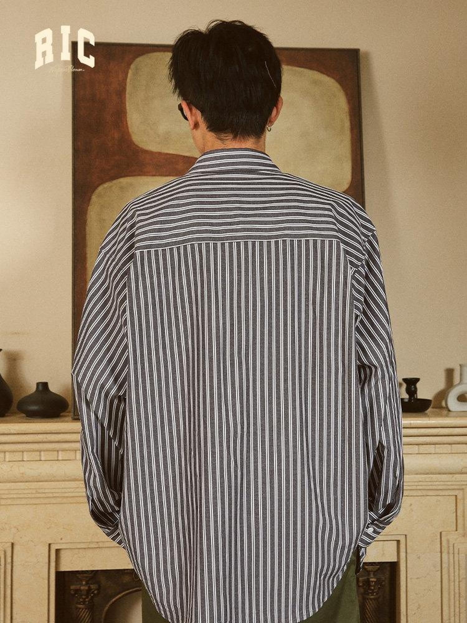 RickyisClown Loose Fit Emergency Phone Embroidery Couple Matching Men's Striped Shirts