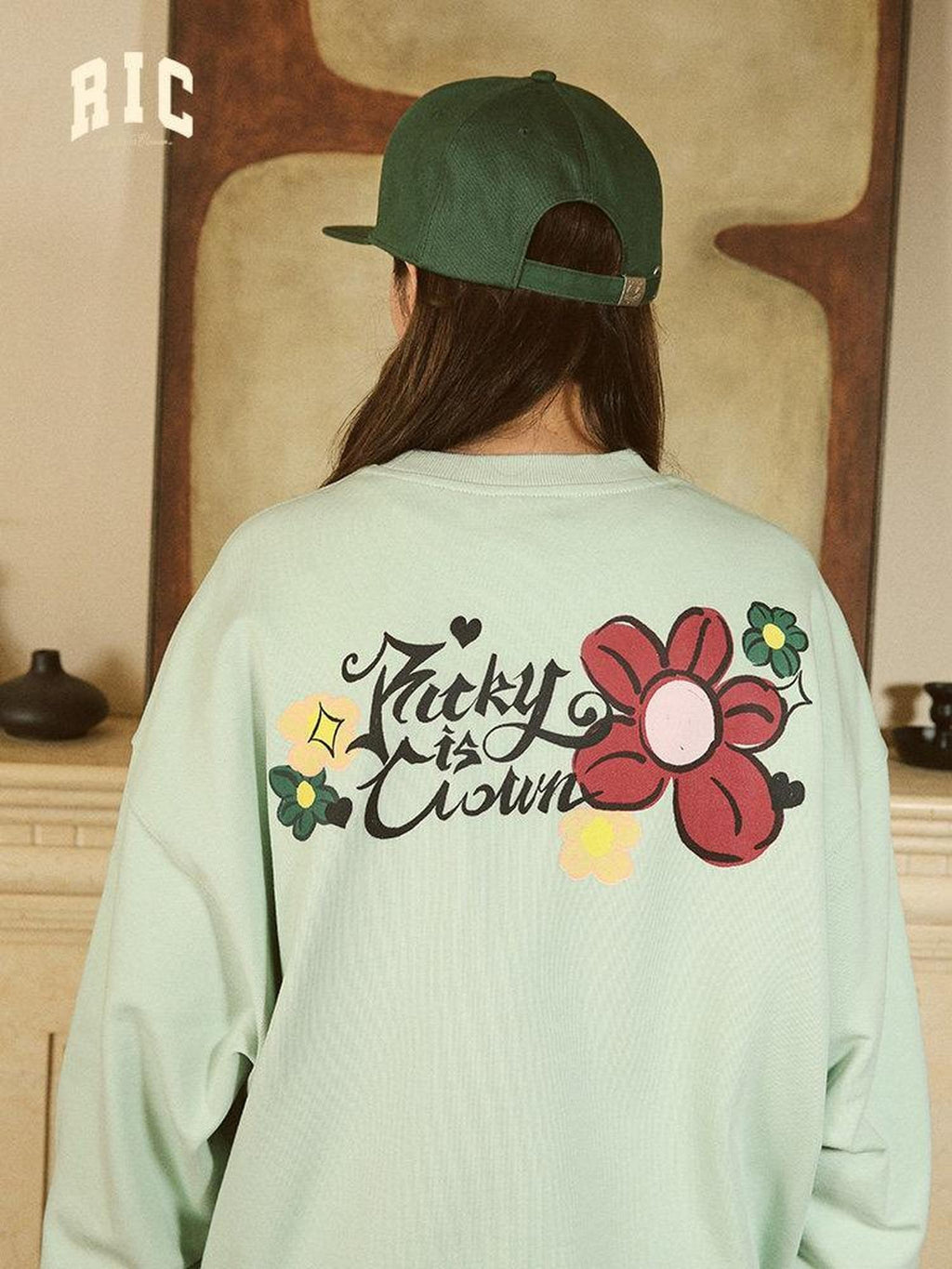RickyisClown Mini Floral Print Loose Fit Heavyweight Men's Cotton Crewneck Sweatshirts