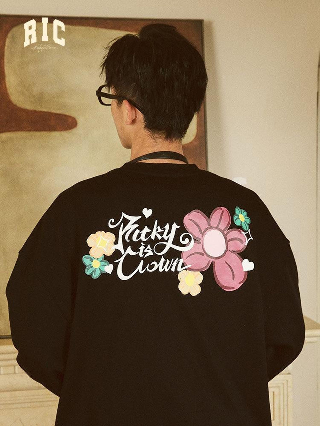 RickyisClown Mini Floral Print Loose Fit Heavyweight Men's Cotton Crewneck Sweatshirts