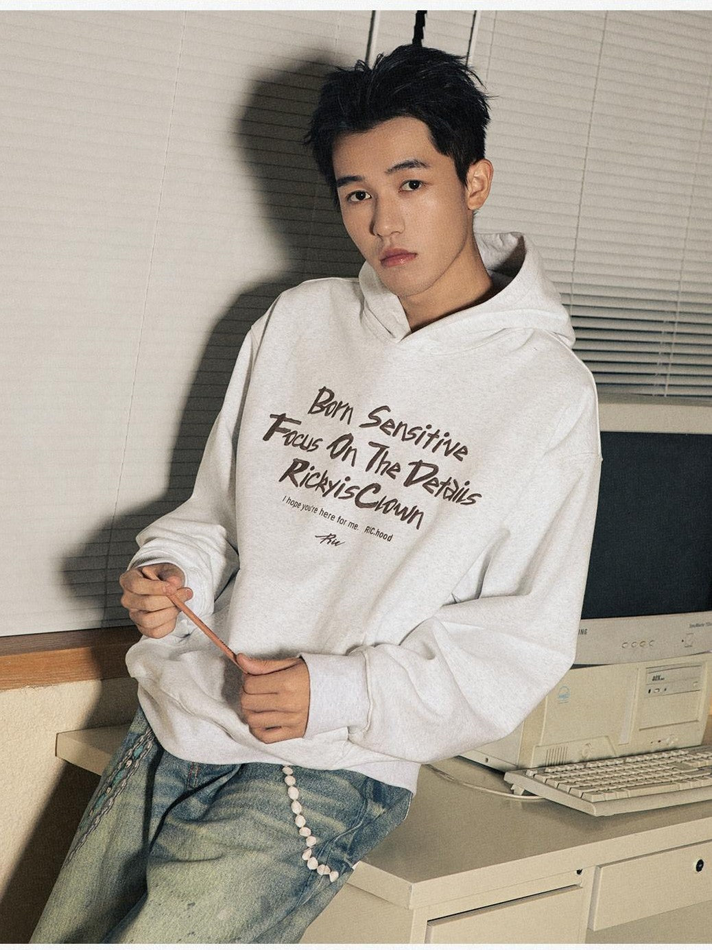 RickyisClown Oversized Embroidered Hooded Men's Casual Loose Fit Pullover Hoodies