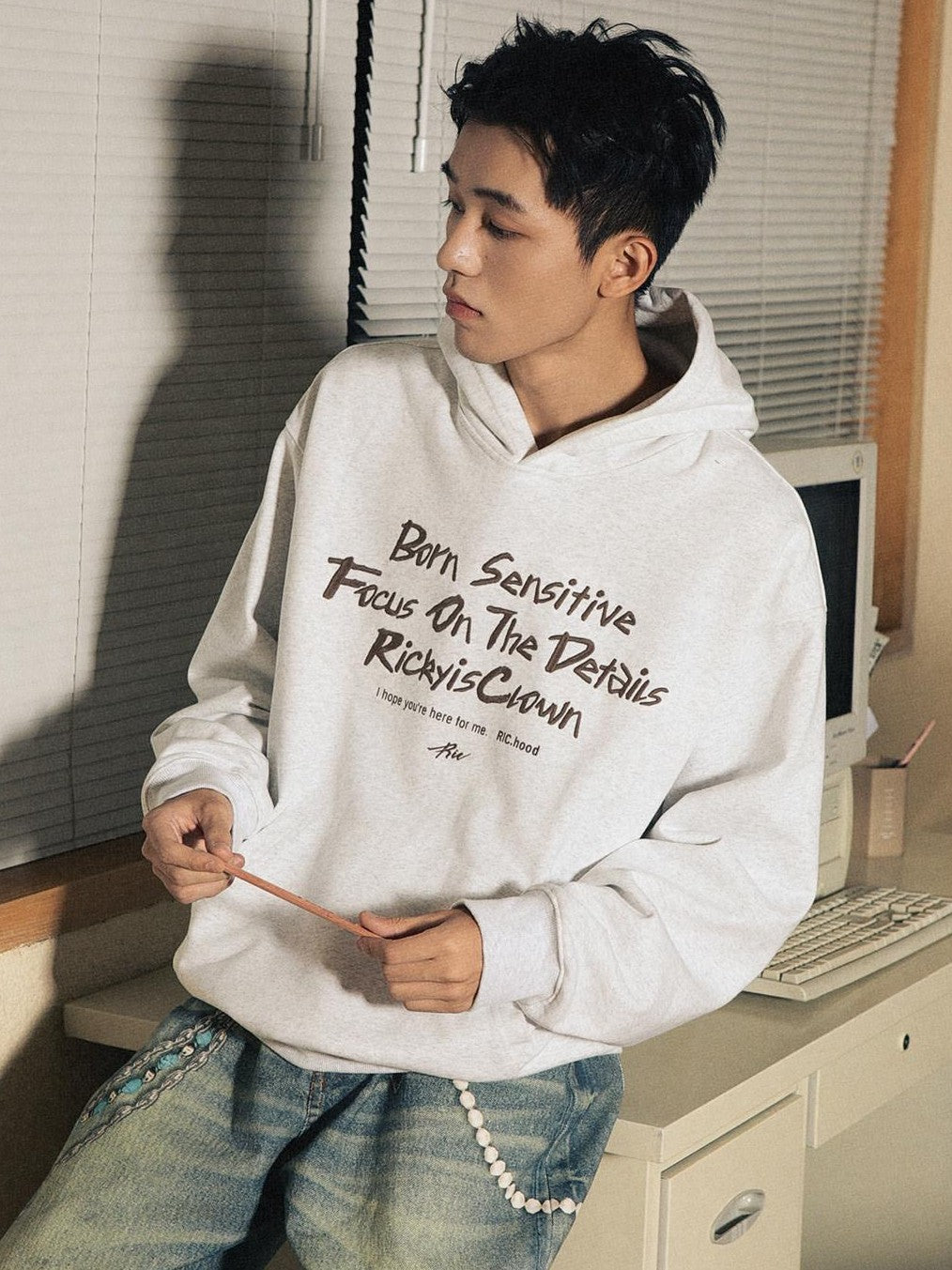 RickyisClown Oversized Embroidered Hooded Men's Casual Loose Fit Pullover Hoodies