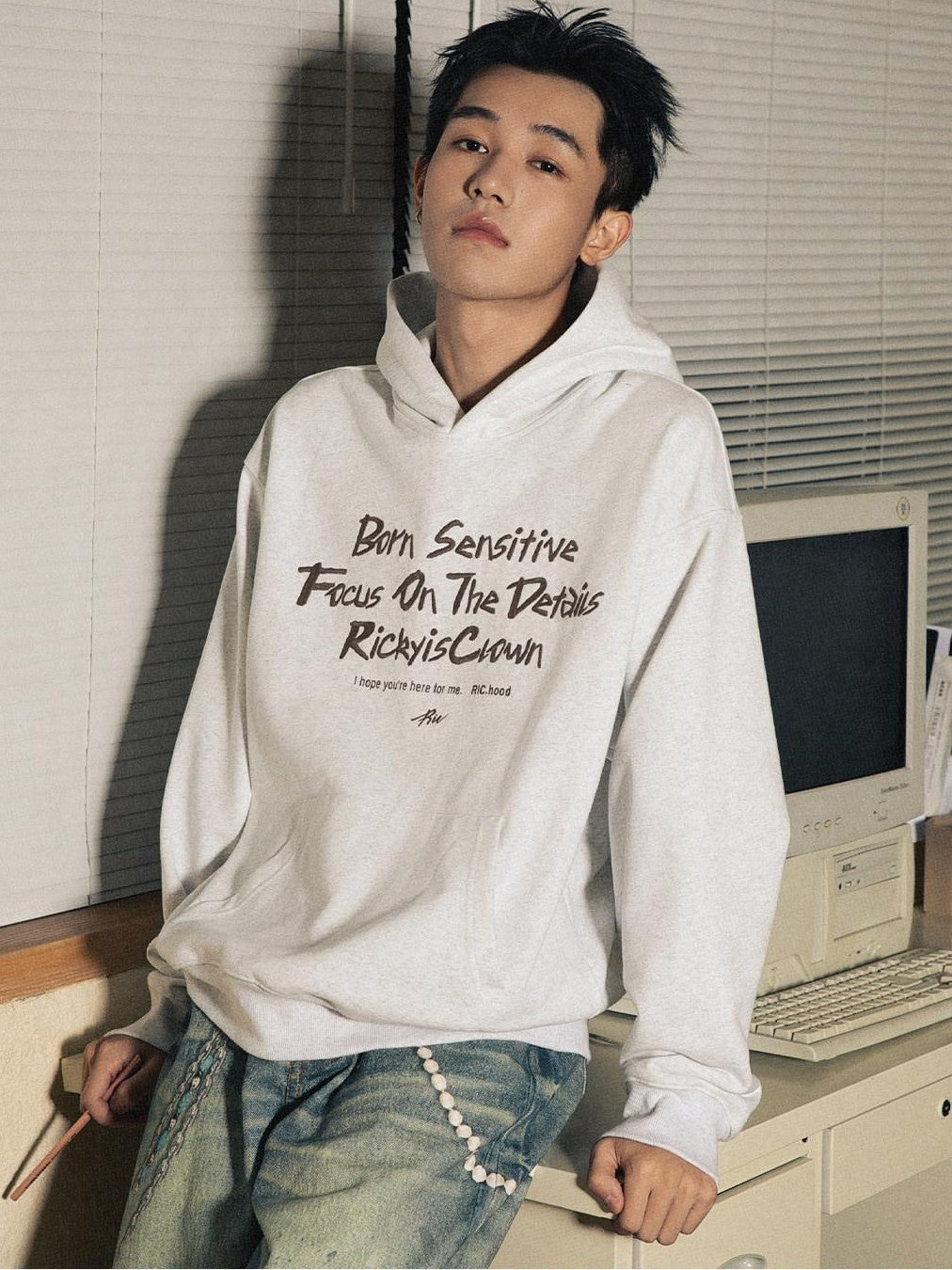 RickyisClown Oversized Embroidered Hooded Men's Casual Loose Fit Pullover Hoodies