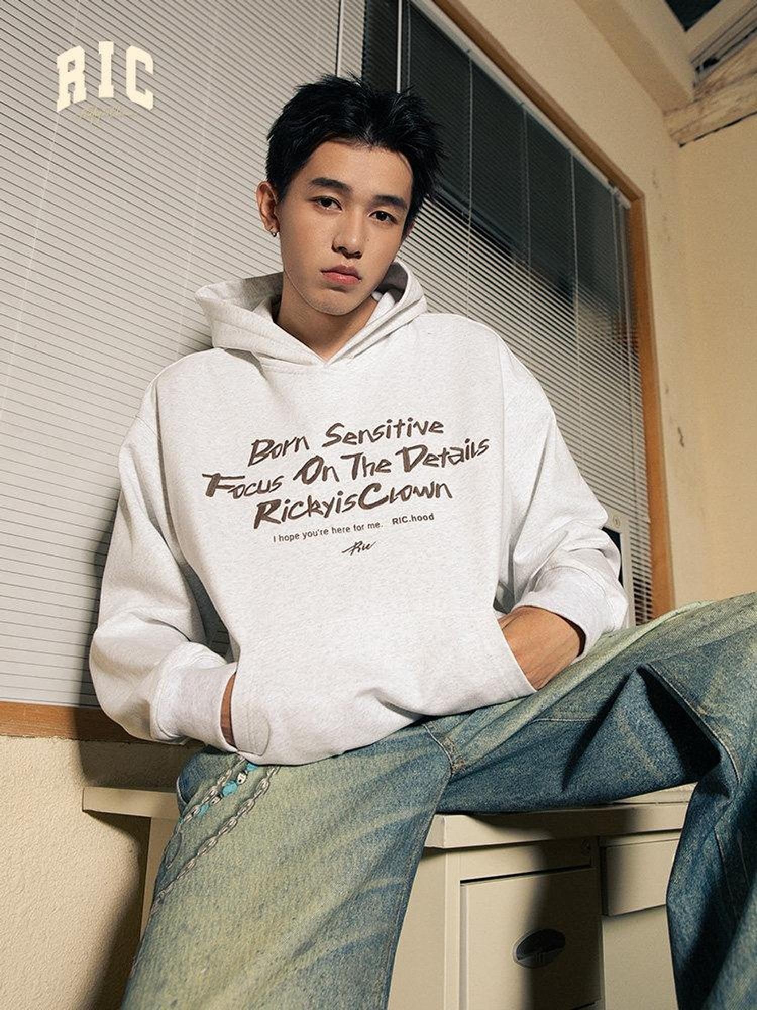 RickyisClown Oversized Embroidered Hooded Men's Casual Loose Fit Pullover Hoodies