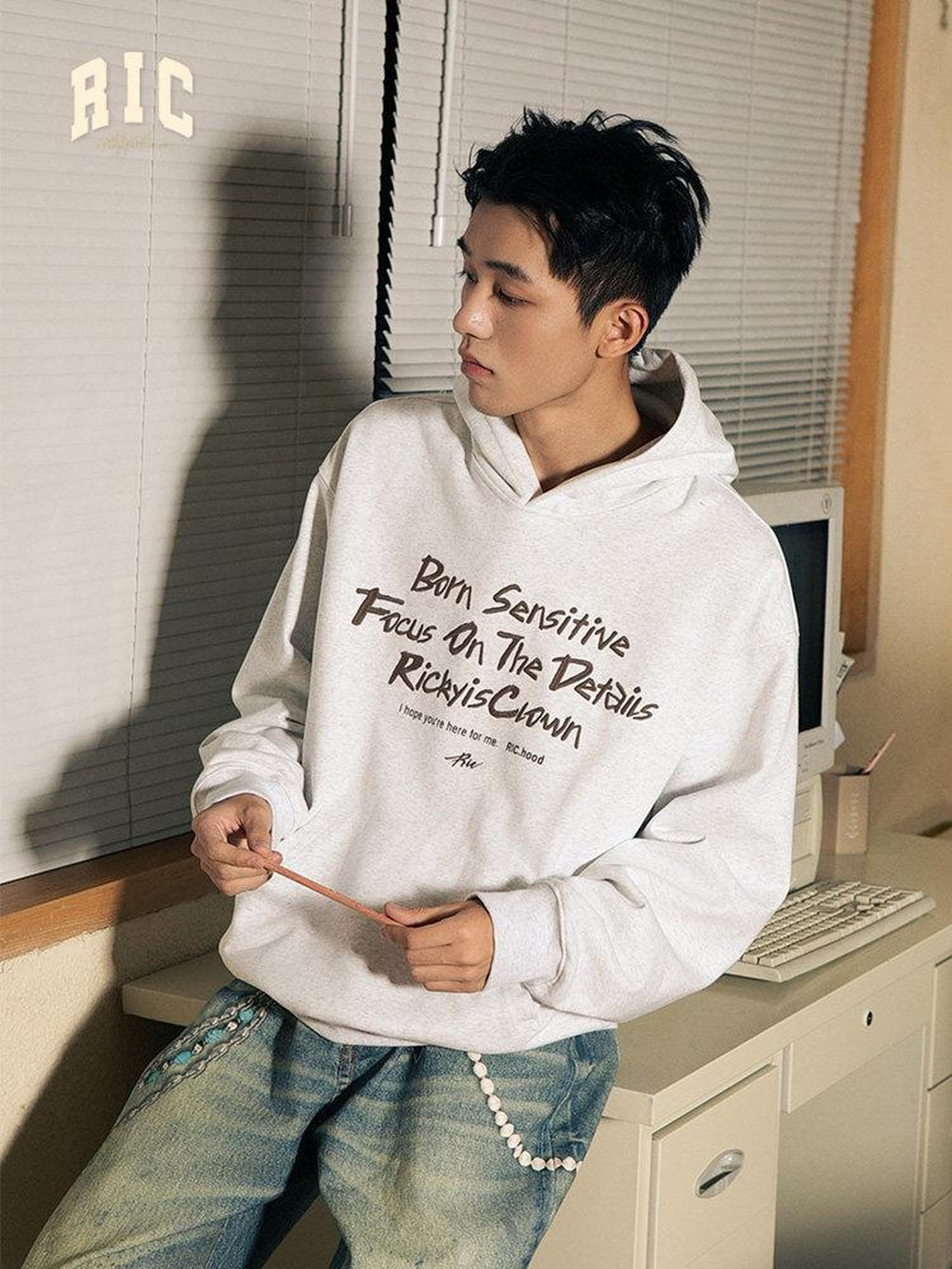 RickyisClown Oversized Embroidered Hooded Men's Casual Loose Fit Pullover Hoodies