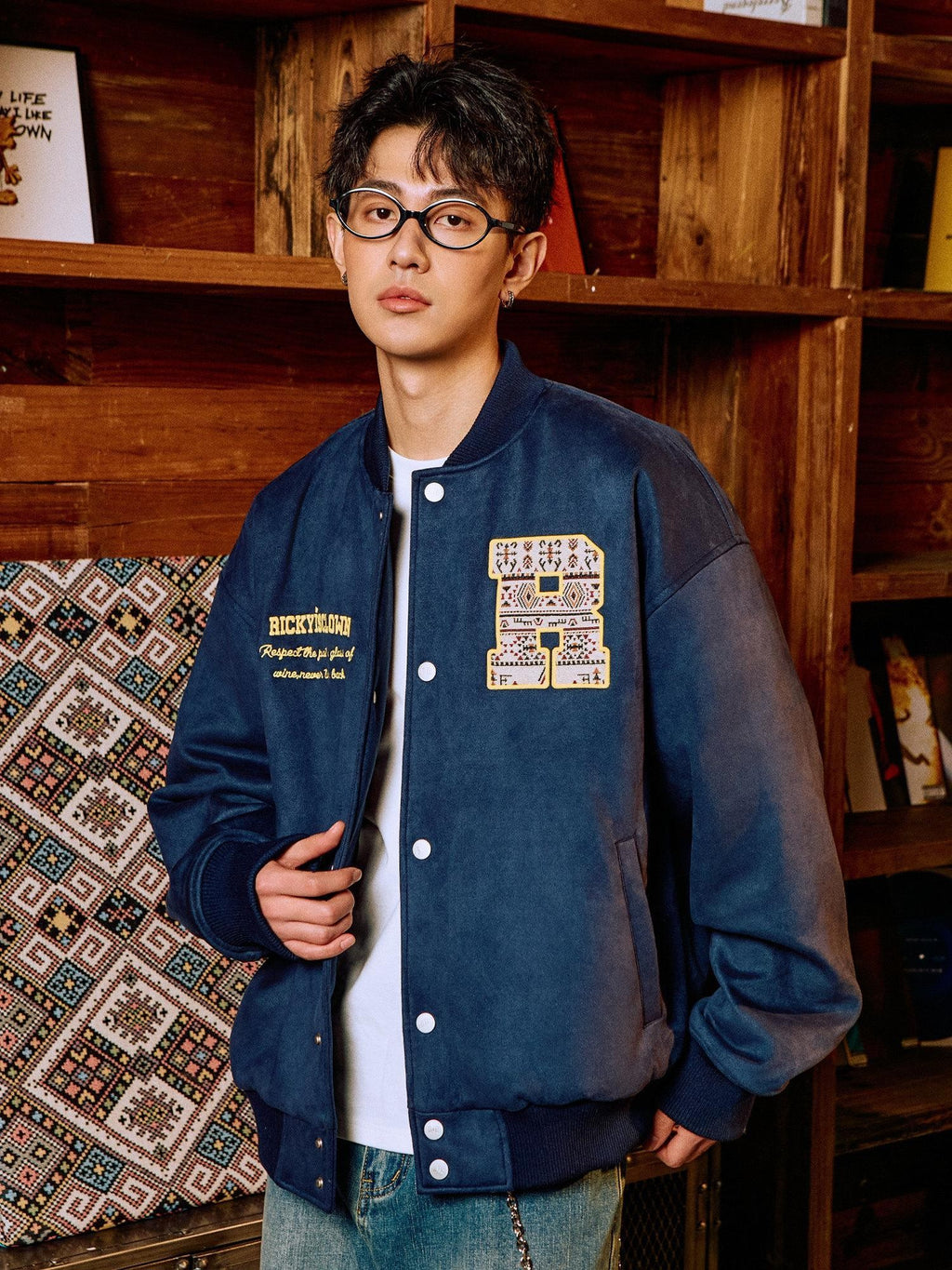 RickyisClown Oversized Ethnic Patch Applique Men's Suede Baseball Jerseys