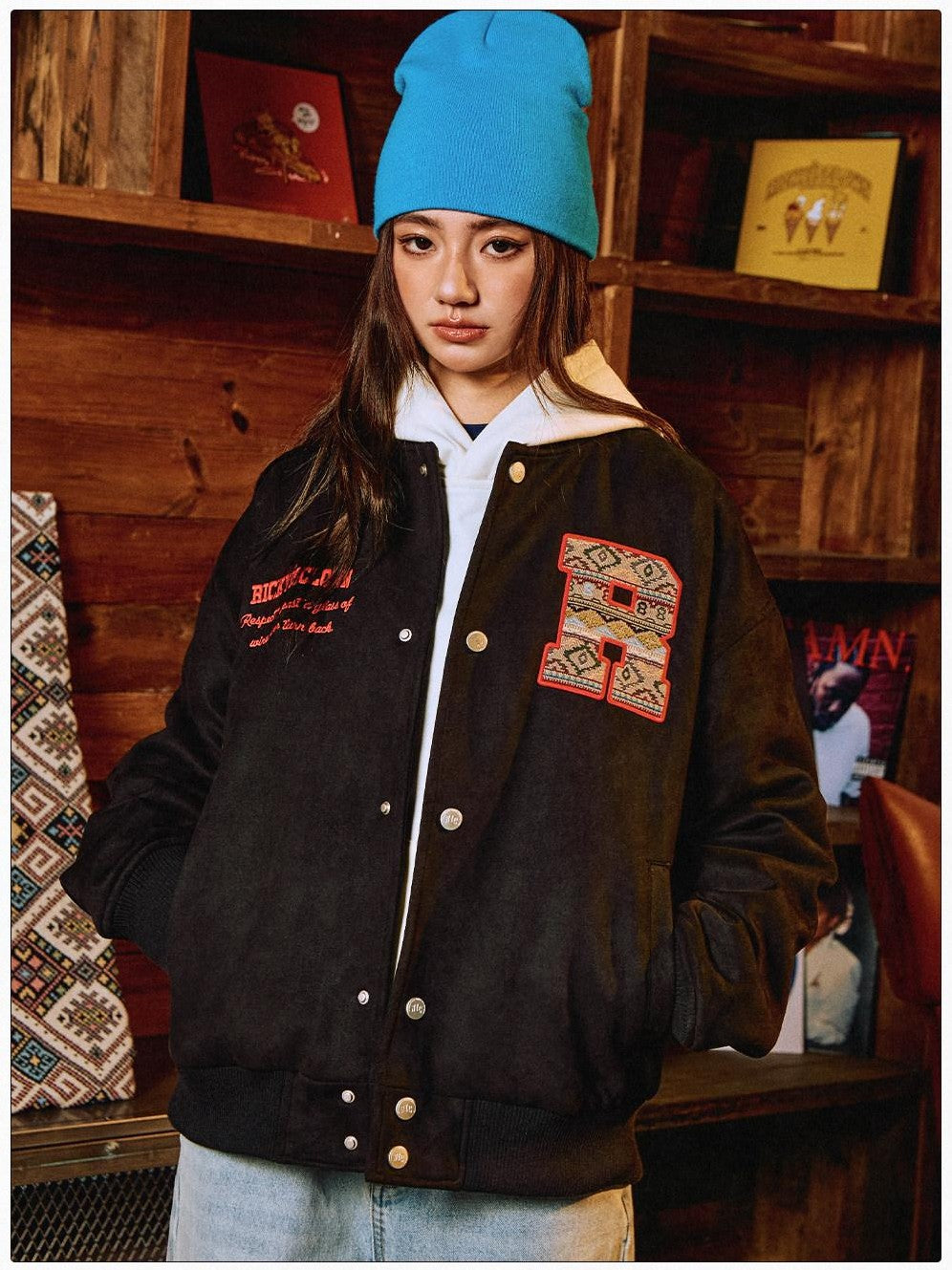 RickyisClown Oversized Ethnic Patch Applique Men's Suede Baseball Jerseys