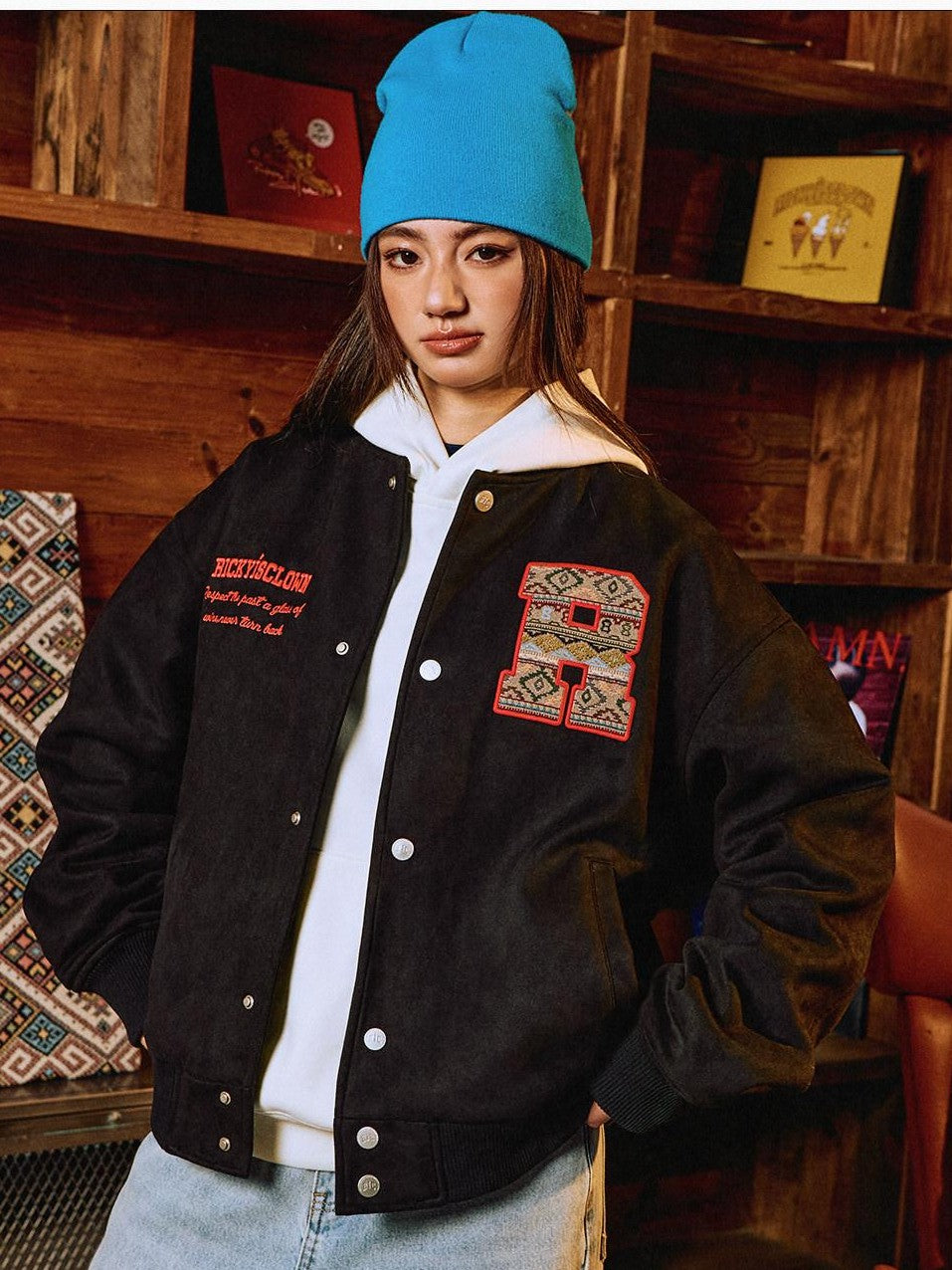 RickyisClown Oversized Ethnic Patch Applique Men's Suede Baseball Jerseys