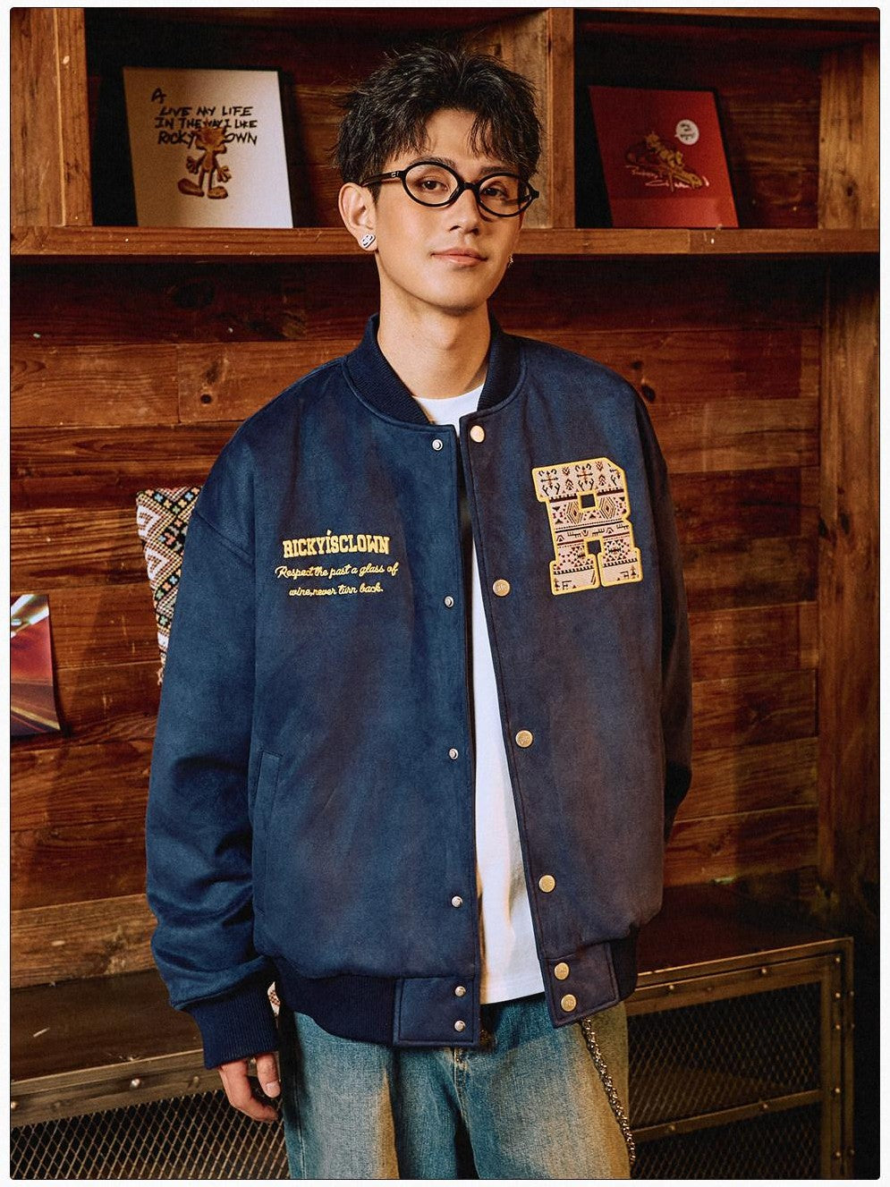 RickyisClown Oversized Ethnic Patch Applique Men's Suede Baseball Jerseys
