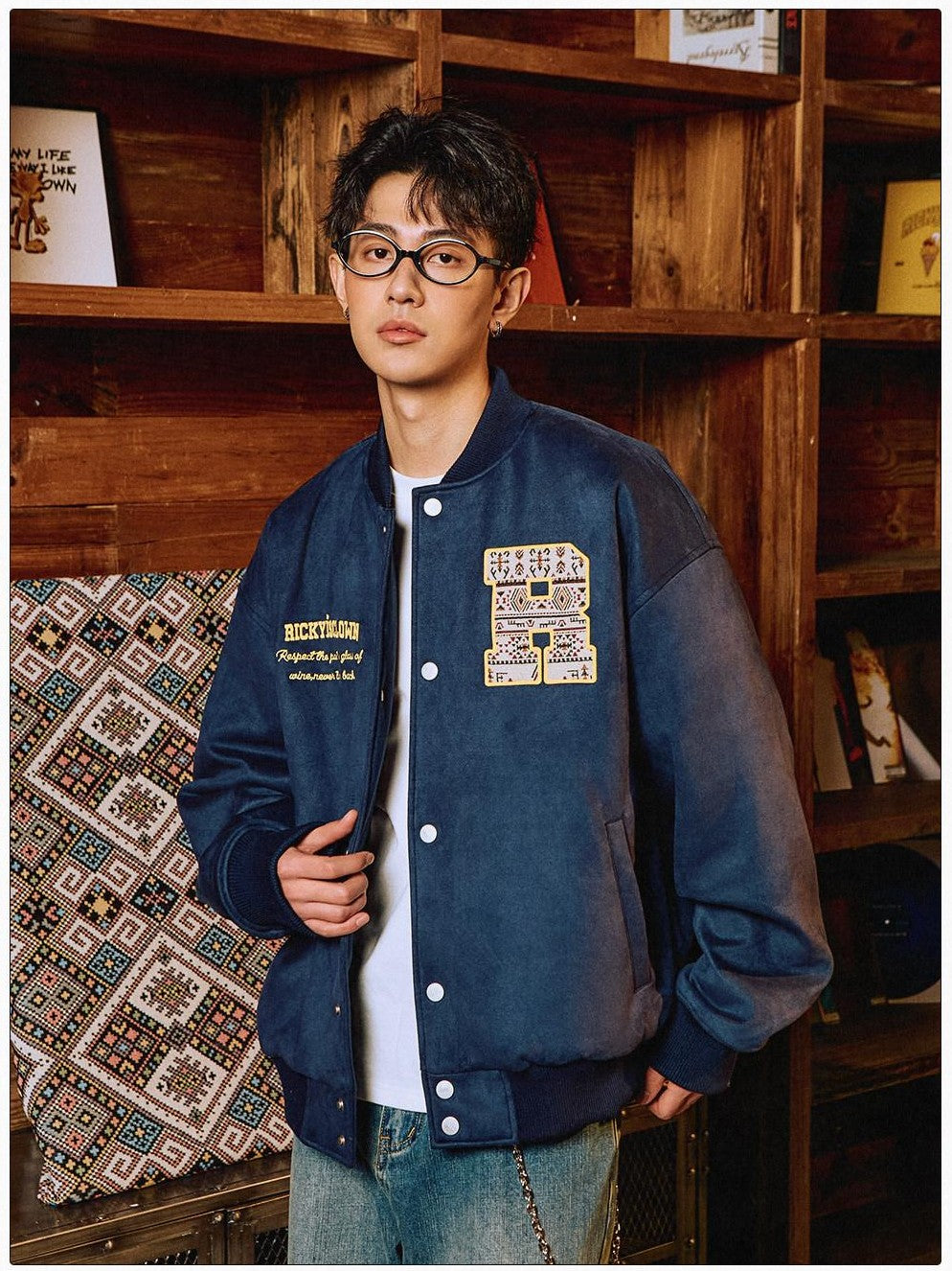 RickyisClown Oversized Ethnic Patch Applique Men's Suede Baseball Jerseys