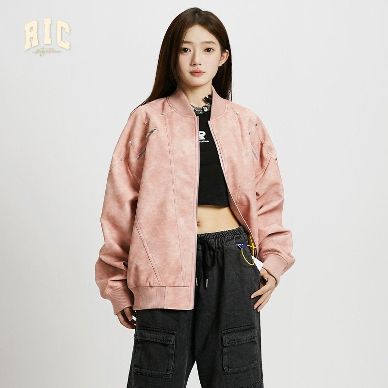 RickyisClown_Pale_Pink_Baseball_Collar_Zipper_Loose_Fit_Men's_Polyester_Leather_Jackets_MISSTT