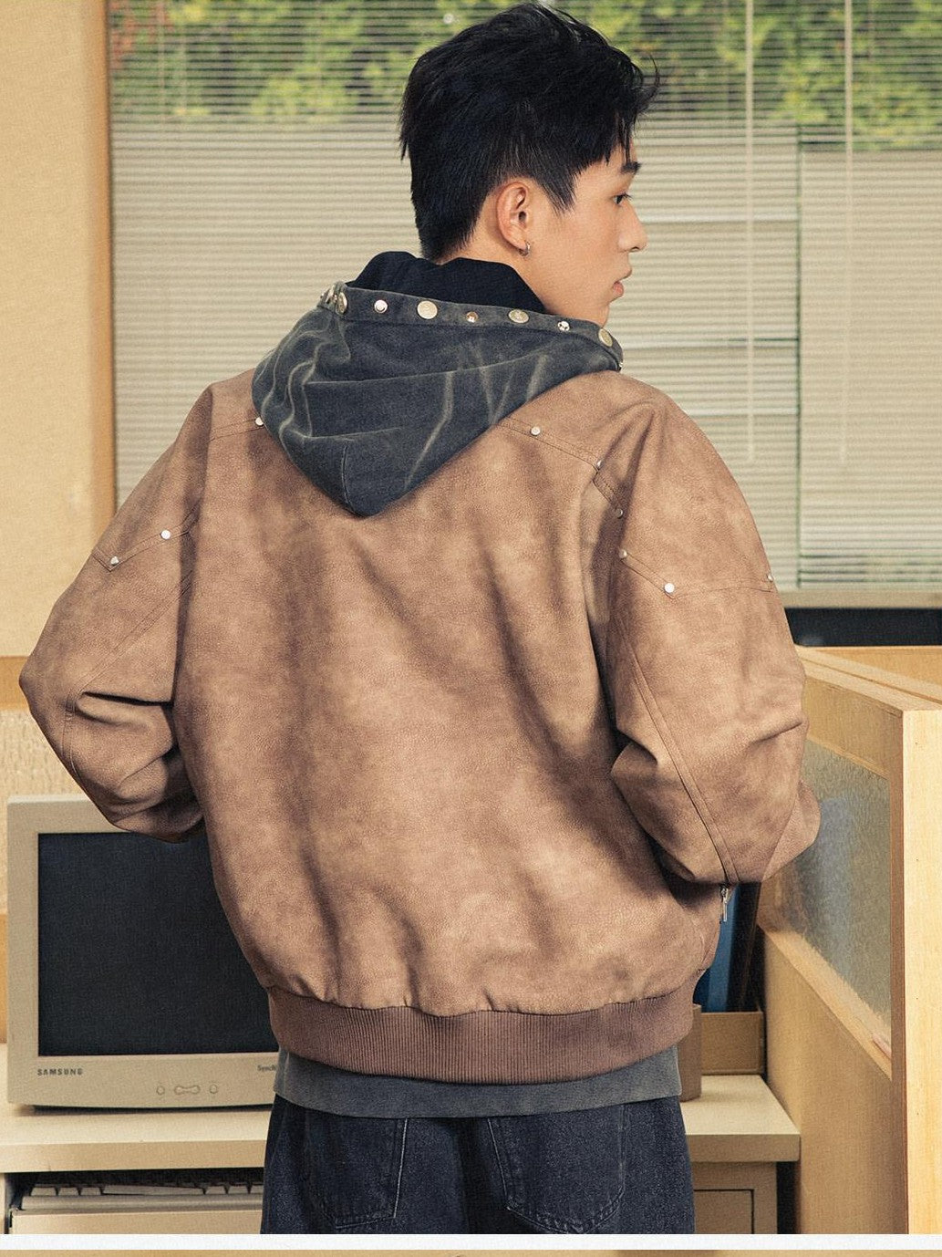 RickyisClown Pale Pink Baseball Collar Zipper Loose Fit Men's Polyester Leather Jackets