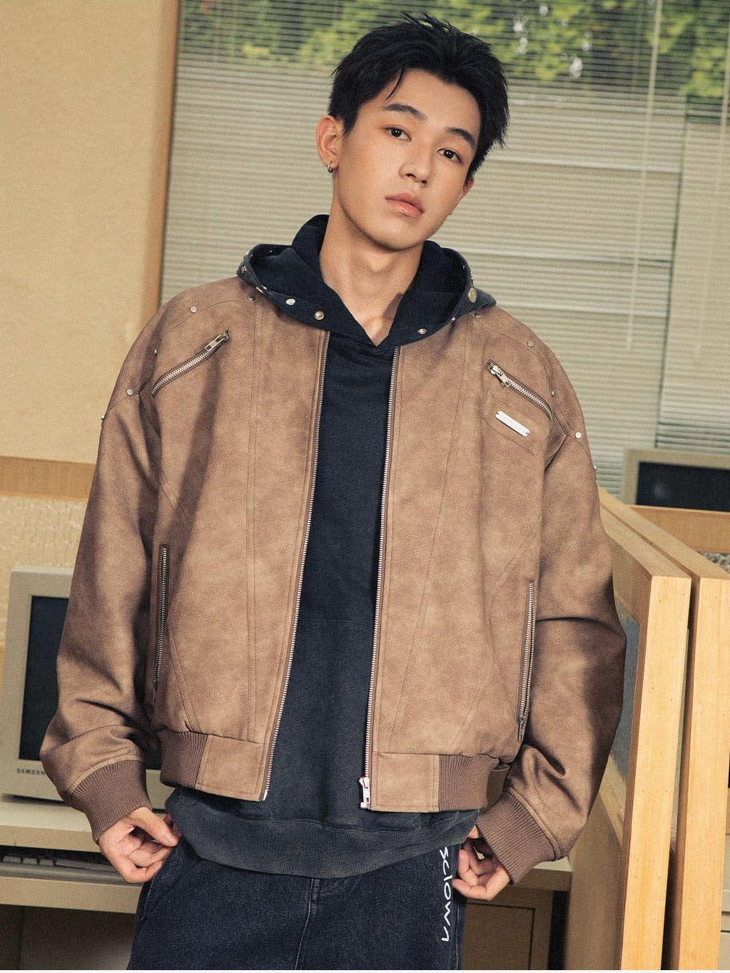 RickyisClown Pale Pink Baseball Collar Zipper Loose Fit Men's Polyester Leather Jackets