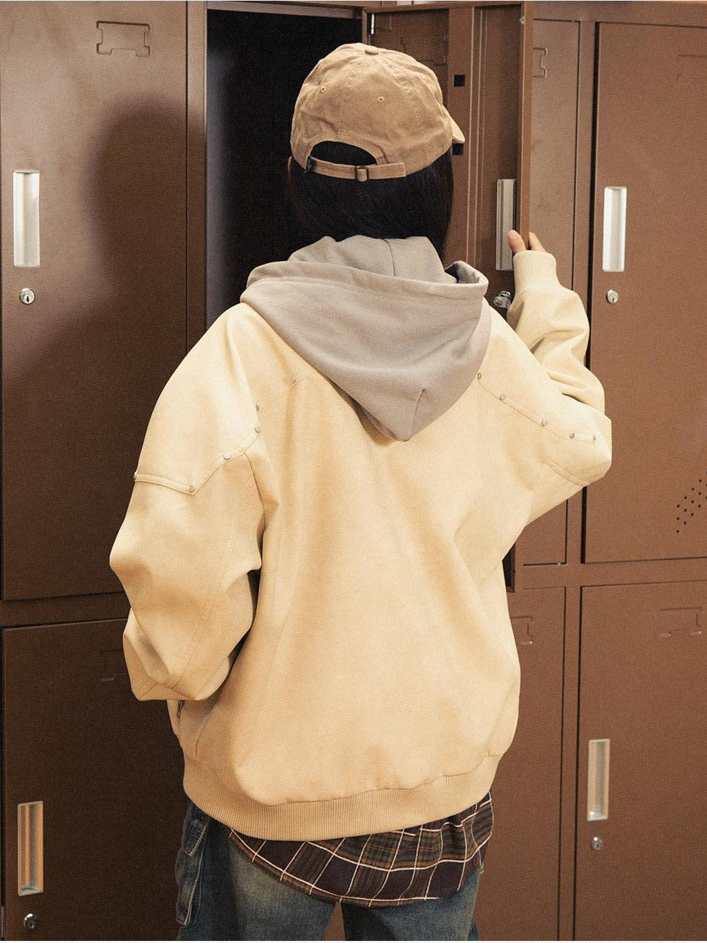 RickyisClown Pale Pink Baseball Collar Zipper Loose Fit Men's Polyester Leather Jackets