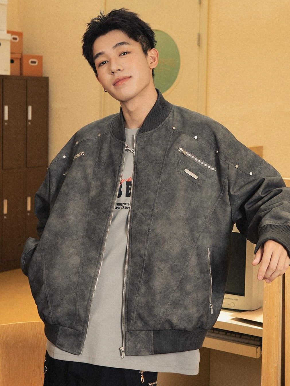 RickyisClown Pale Pink Baseball Collar Zipper Loose Fit Men's Polyester Leather Jackets