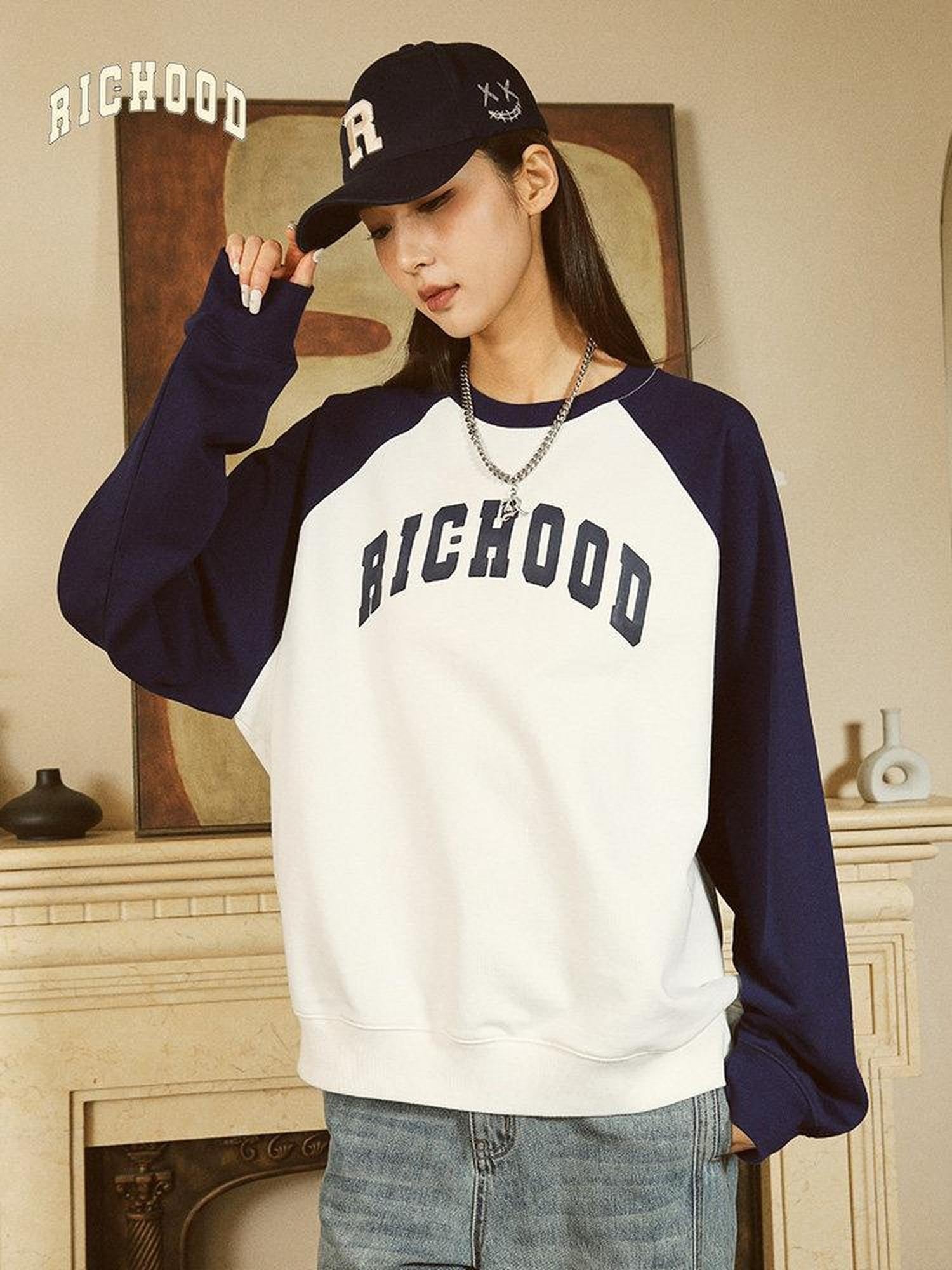 RickyisClown Patchwork Colorblock Raglan Crewneck Men's Cotton Pullover Hoodies