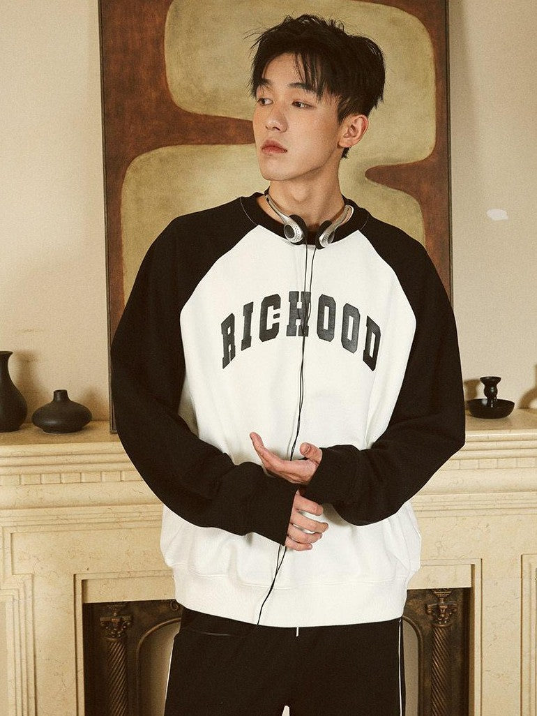 RickyisClown Patchwork Colorblock Raglan Crewneck Men's Cotton Pullover Hoodies