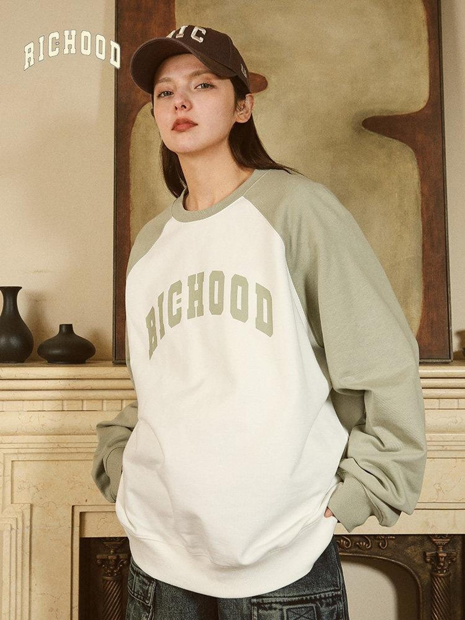 RickyisClown Patchwork Colorblock Raglan Crewneck Men's Cotton Pullover Hoodies