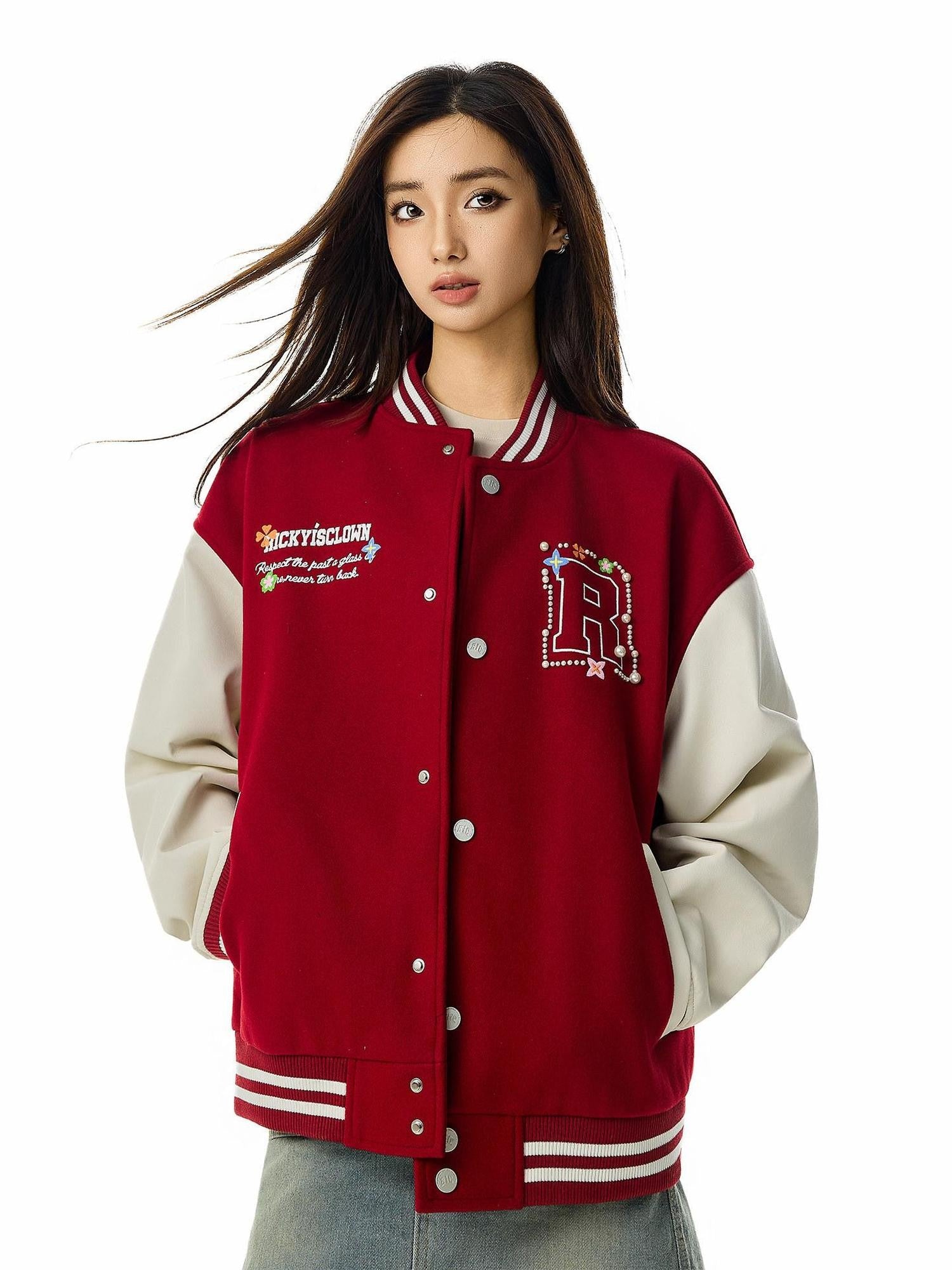 RickyisClown Pearl Floral Embroidery Men's Leather Patch Varsity Style Baseball Jerseys