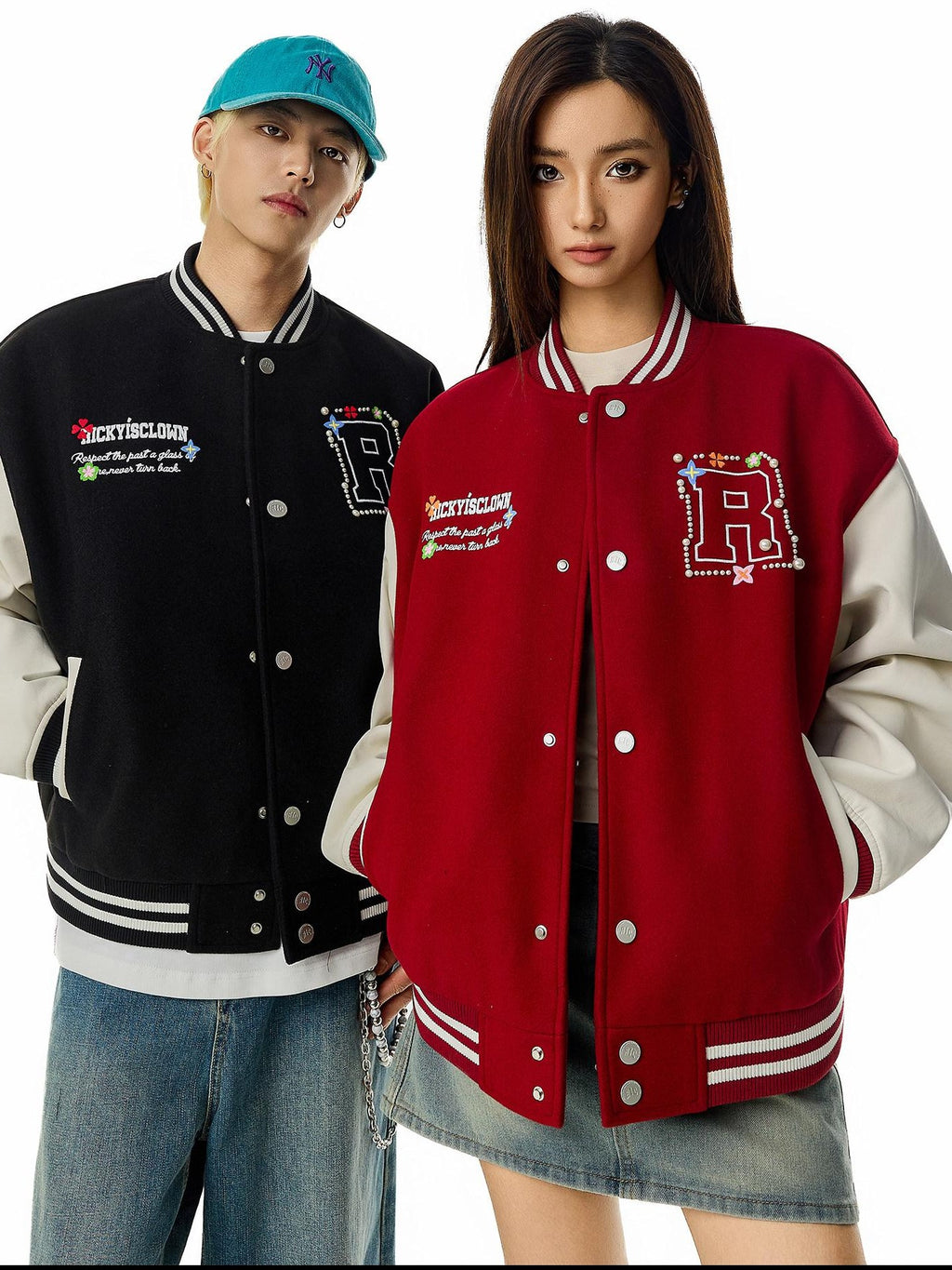 RickyisClown Pearl Floral Embroidery Men's Leather Patch Varsity Style Baseball Jerseys