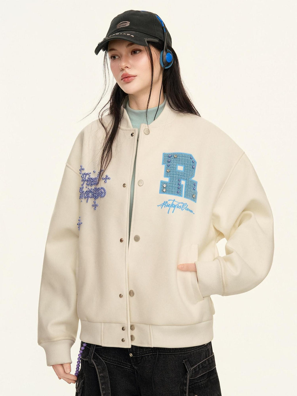 RickyisClown Pearl Rhinestone Lettered Ribbed Hem Loose Fit Men's Polyester Baseball Jerseys