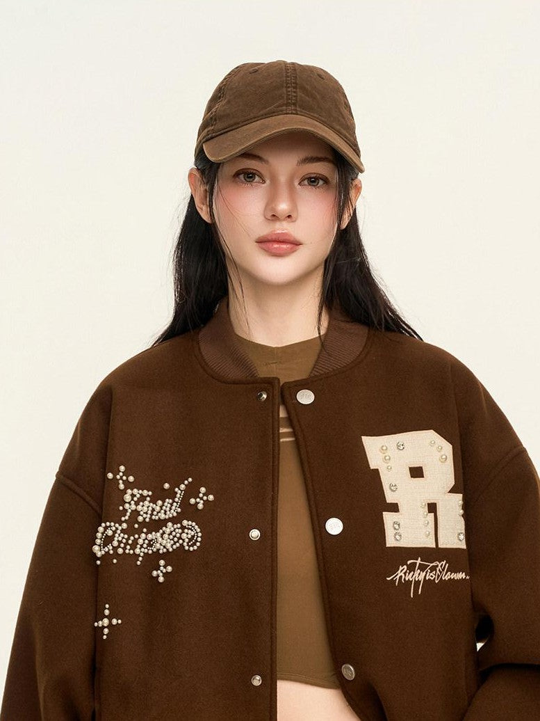 RickyisClown Pearl Rhinestone Lettered Ribbed Hem Loose Fit Men's Polyester Baseball Jerseys