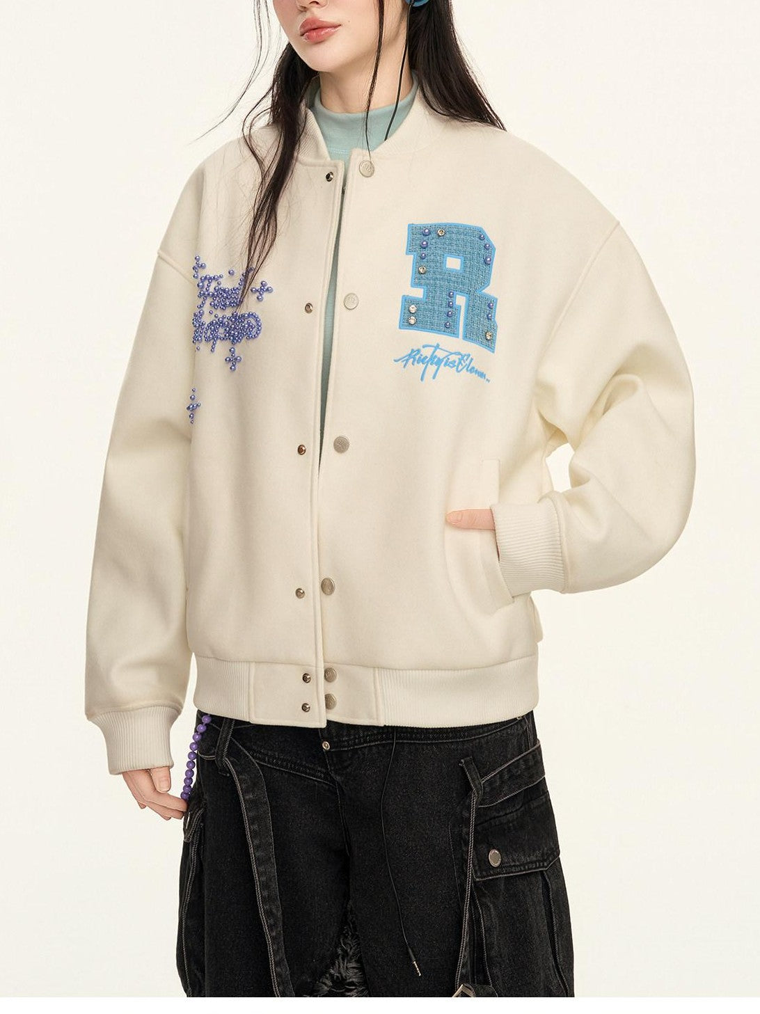 RickyisClown Pearl Rhinestone Lettered Ribbed Hem Loose Fit Men's Polyester Baseball Jerseys