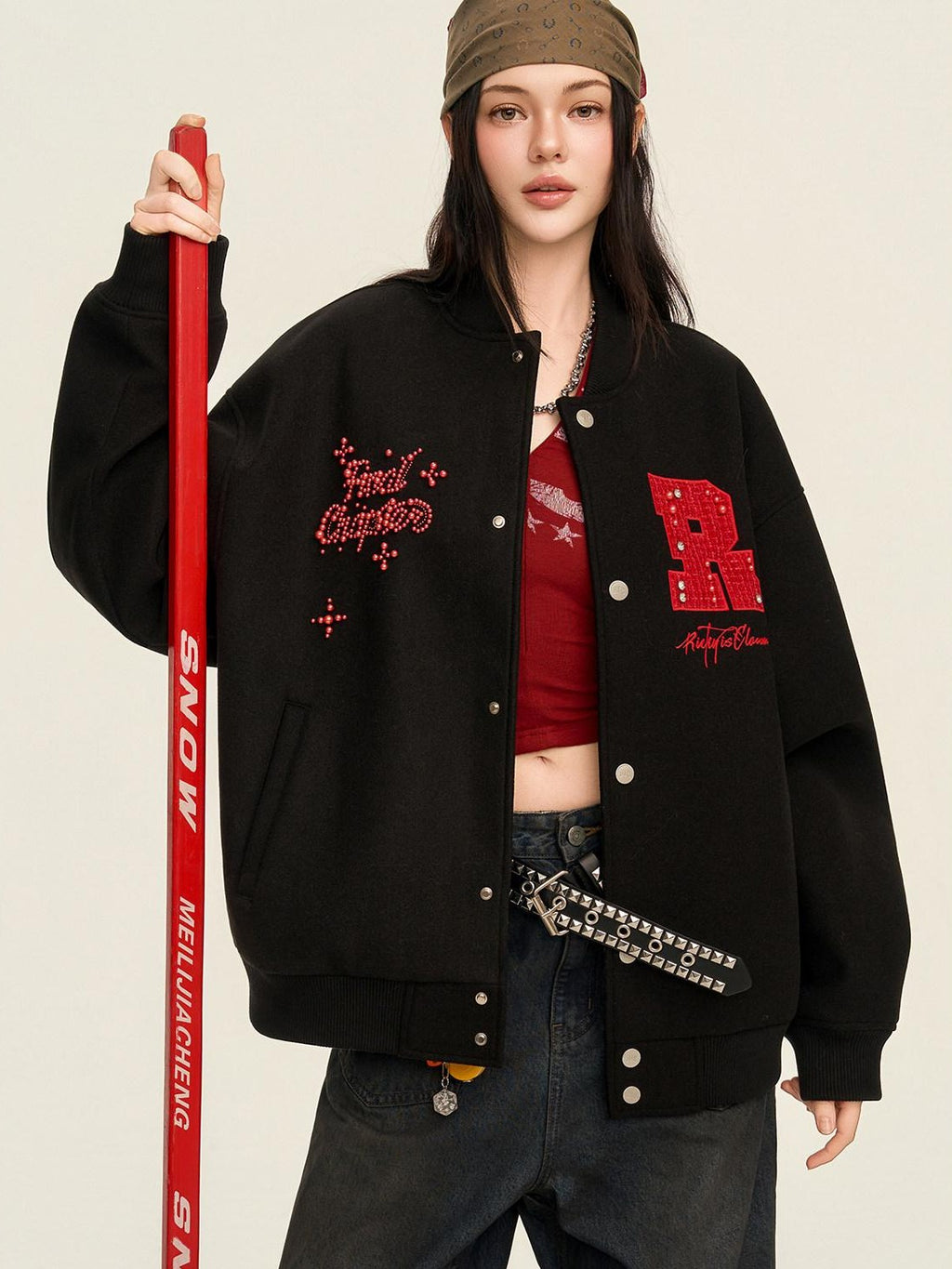 RickyisClown Pearl Rhinestone Lettered Ribbed Hem Loose Fit Men's Polyester Baseball Jerseys