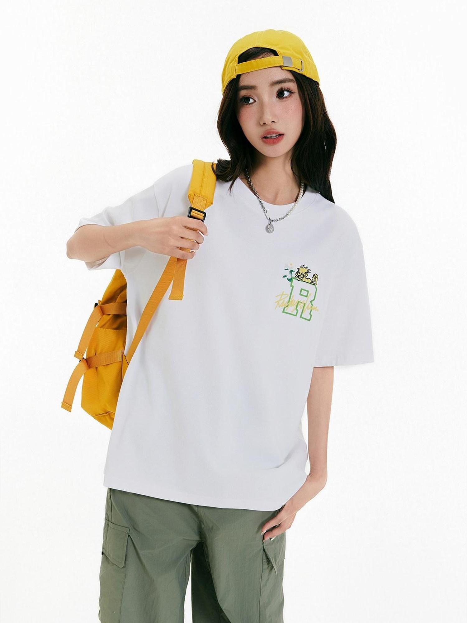 RickyisClown Pineapple Floral Loose Fit Embroidered Men's Cotton Short Sleeve T-shirts