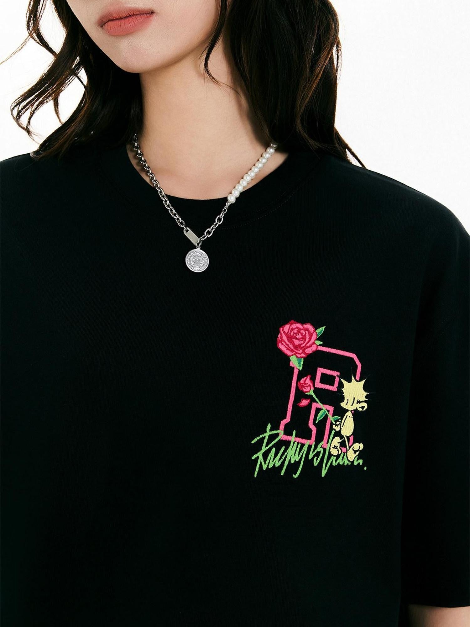 RickyisClown Pineapple Floral Loose Fit Embroidered Men's Cotton Short Sleeve T-shirts
