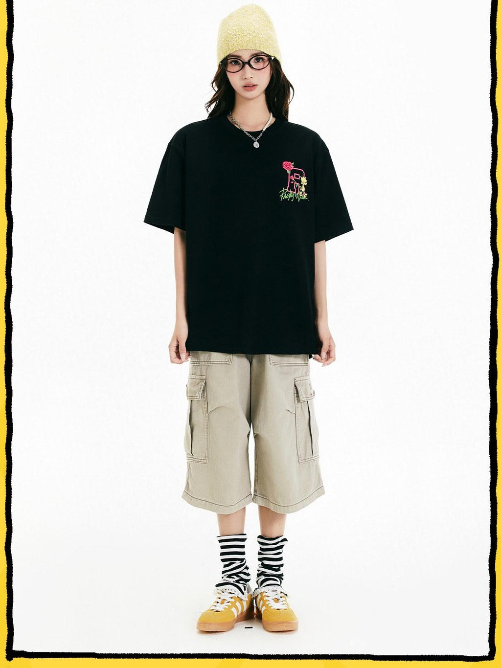 RickyisClown Pineapple Floral Loose Fit Embroidered Men's Cotton Short Sleeve T-shirts
