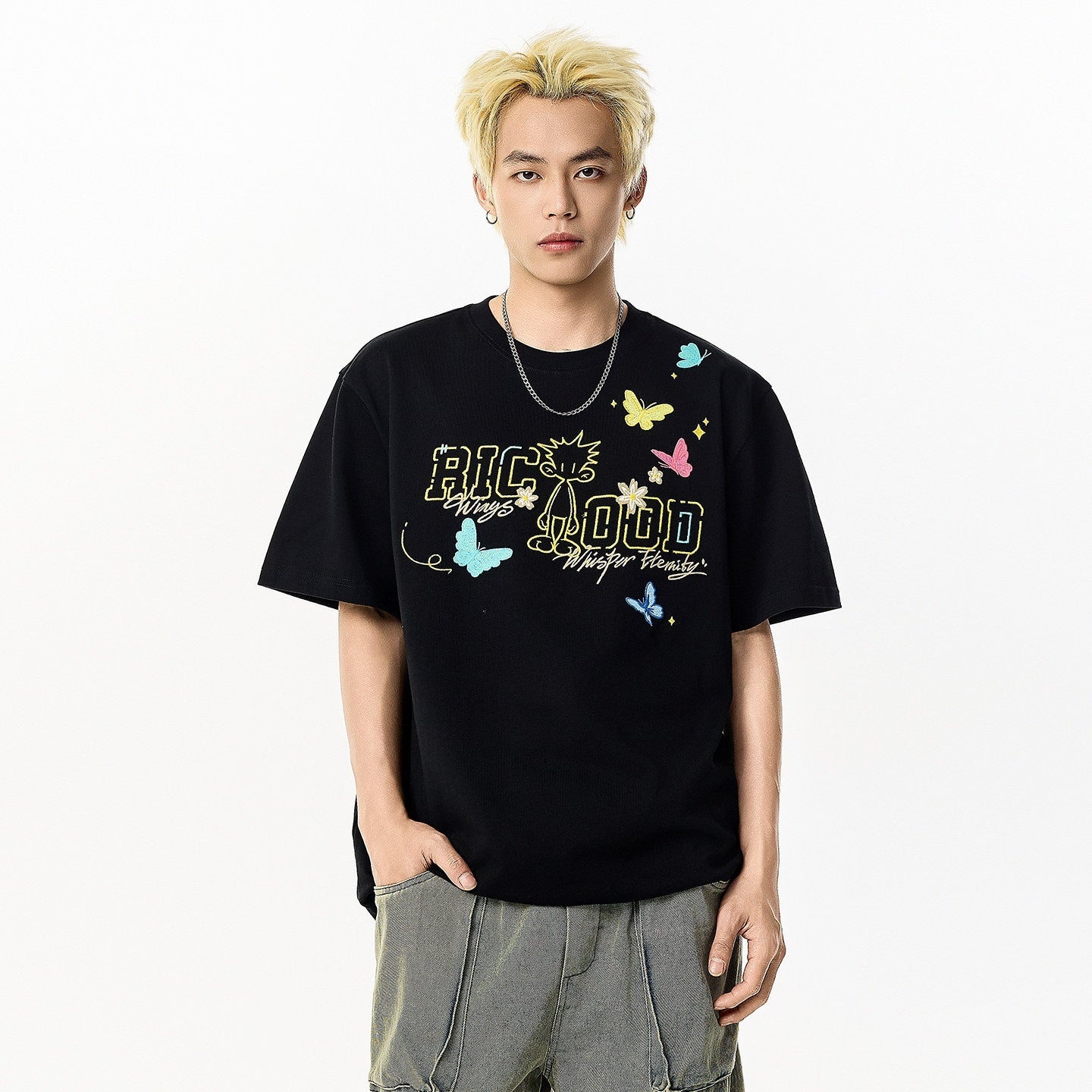 RickyisClown_Pineapple_Head_Embroidered_Letter_Print_Men's_Cotton_Blend_Short_Sleeve_T-shirts_MISSTT