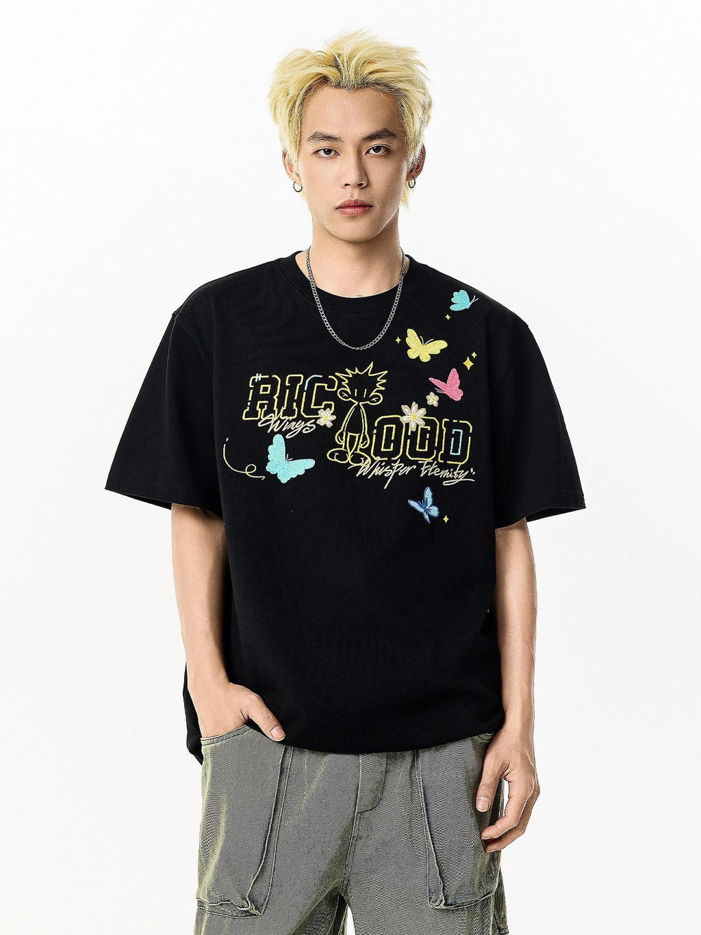 RickyisClown Pineapple Head Embroidered Letter Print Men's Cotton Blend Short Sleeve T-shirts