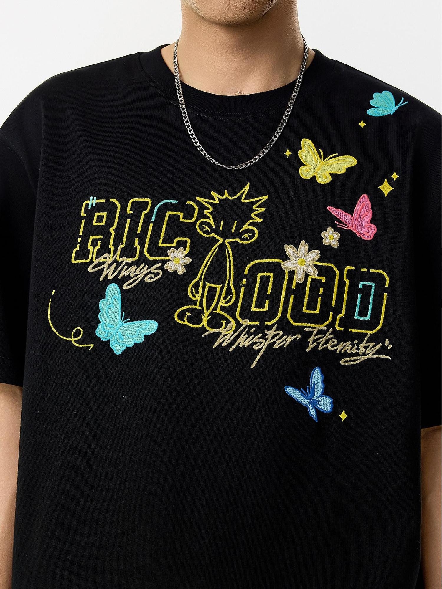 RickyisClown Pineapple Head Embroidered Letter Print Men's Cotton Blend Short Sleeve T-shirts