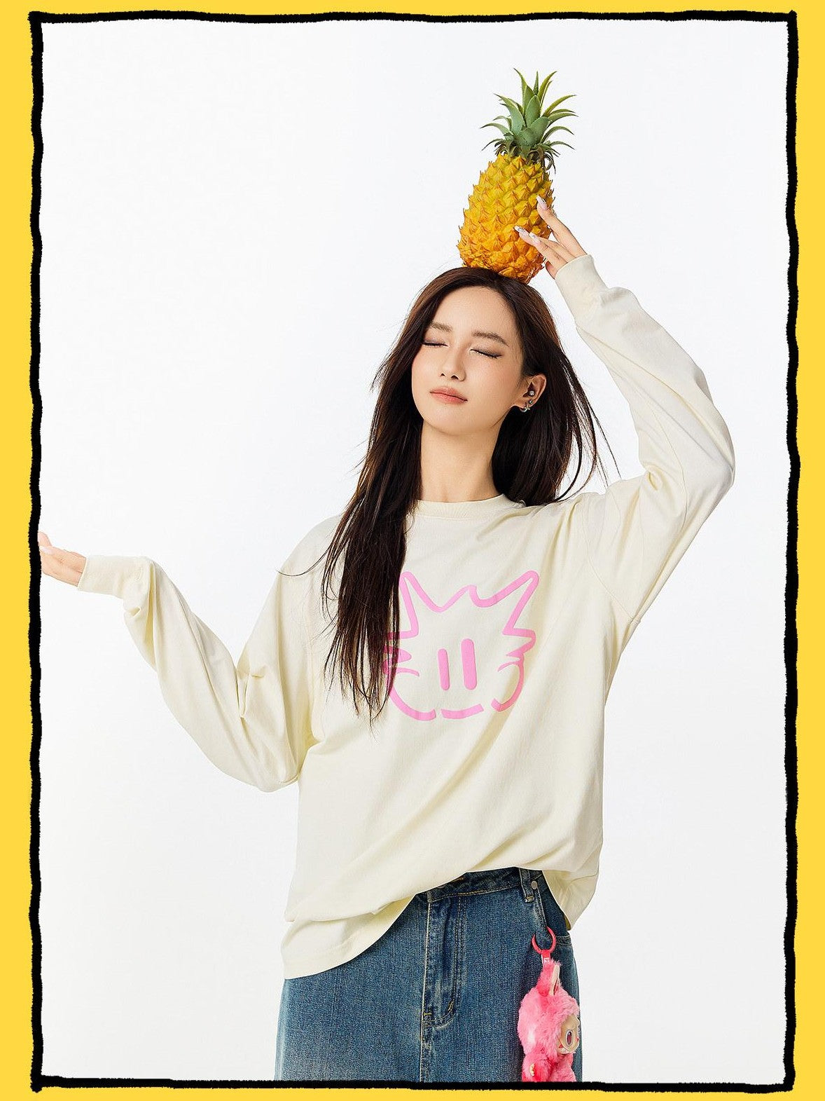 RickyisClown Pineapple Head Printed Cartoon Men's Cotton Polyester Blend Long Sleeve T-shirts