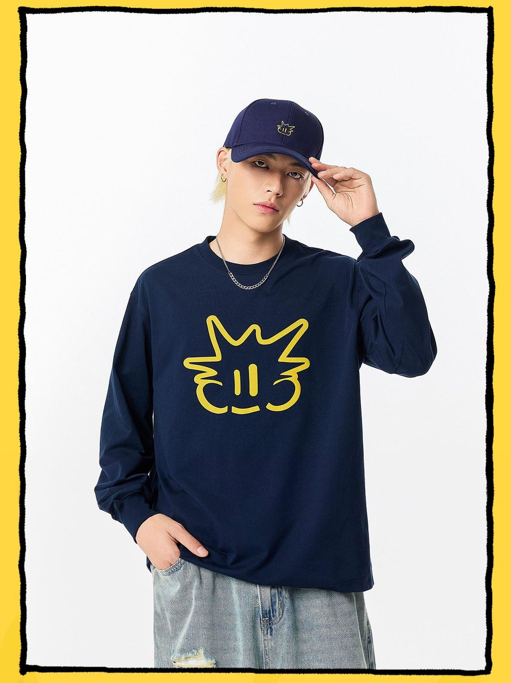 RickyisClown Pineapple Head Printed Cartoon Men's Cotton Polyester Blend Long Sleeve T-shirts