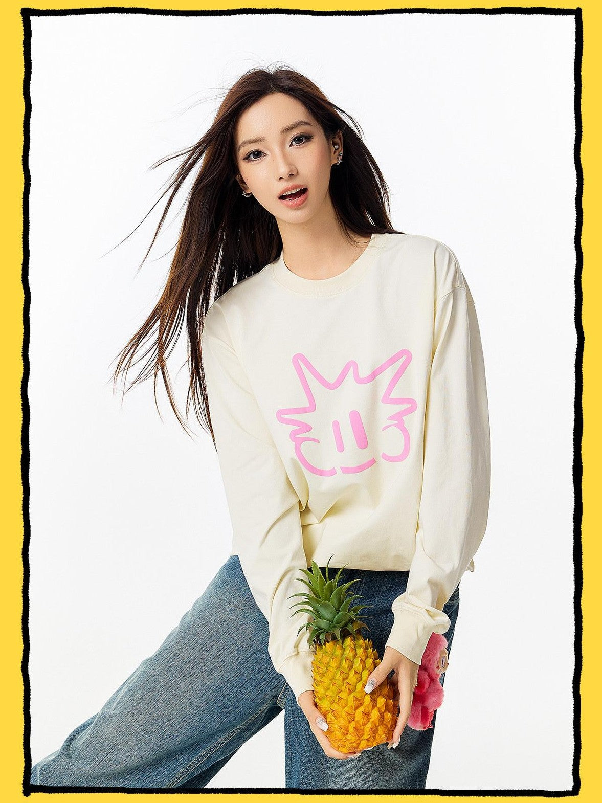 RickyisClown Pineapple Head Printed Cartoon Men's Cotton Polyester Blend Long Sleeve T-shirts