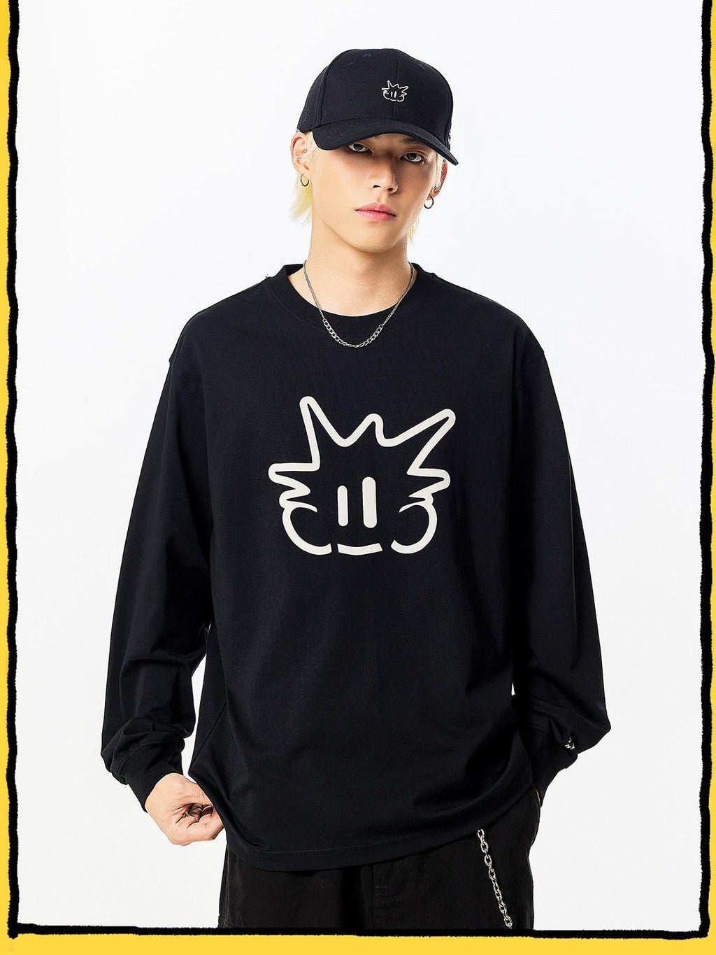 RickyisClown Pineapple Head Printed Cartoon Men's Cotton Polyester Blend Long Sleeve T-shirts