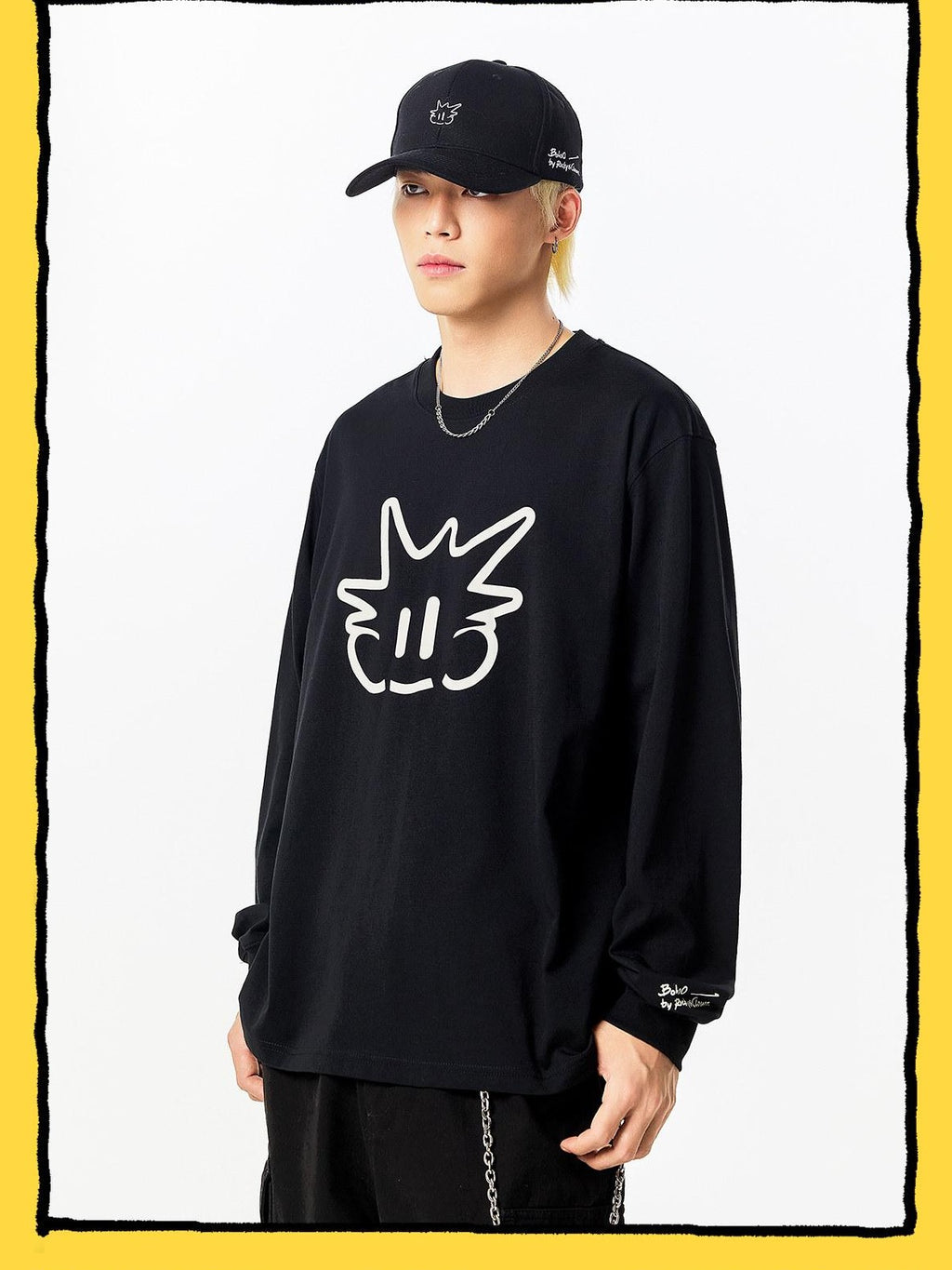 RickyisClown Pineapple Head Printed Cartoon Men's Cotton Polyester Blend Long Sleeve T-shirts