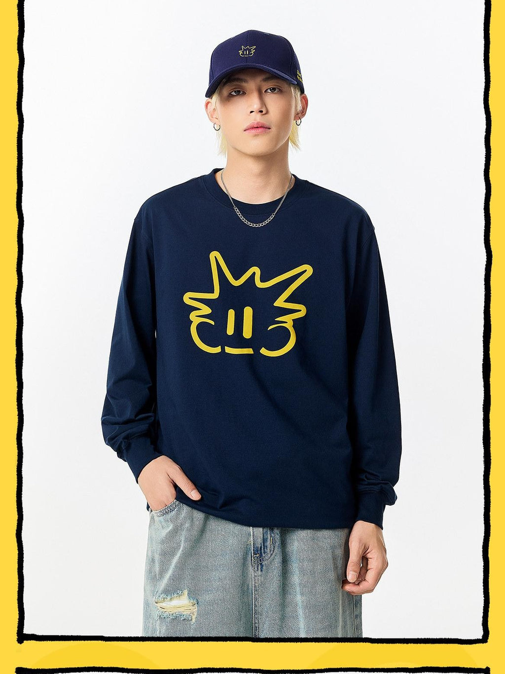 RickyisClown Pineapple Head Printed Cartoon Men's Cotton Polyester Blend Long Sleeve T-shirts