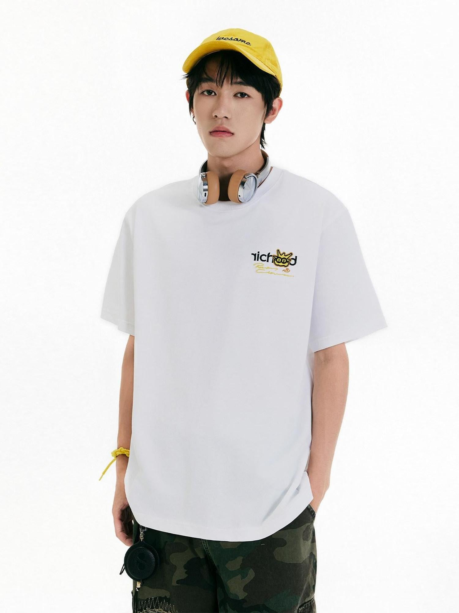 RickyisClown Pineapple Patch Embroidered Letter Cartoon Men's Cotton Short Sleeve T-shirts