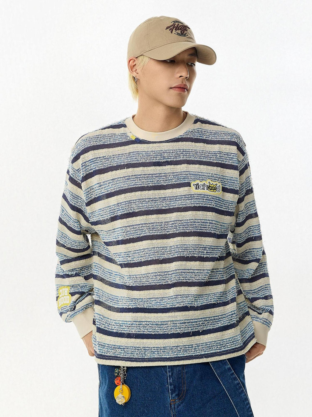RickyisClown Pineapple Print Colorblock Striped Men's Lightweight Long Sleeve T-shirts
