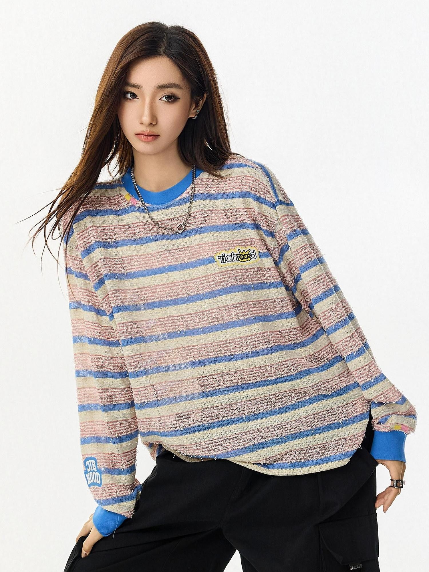 RickyisClown Pineapple Print Colorblock Striped Men's Lightweight Long Sleeve T-shirts