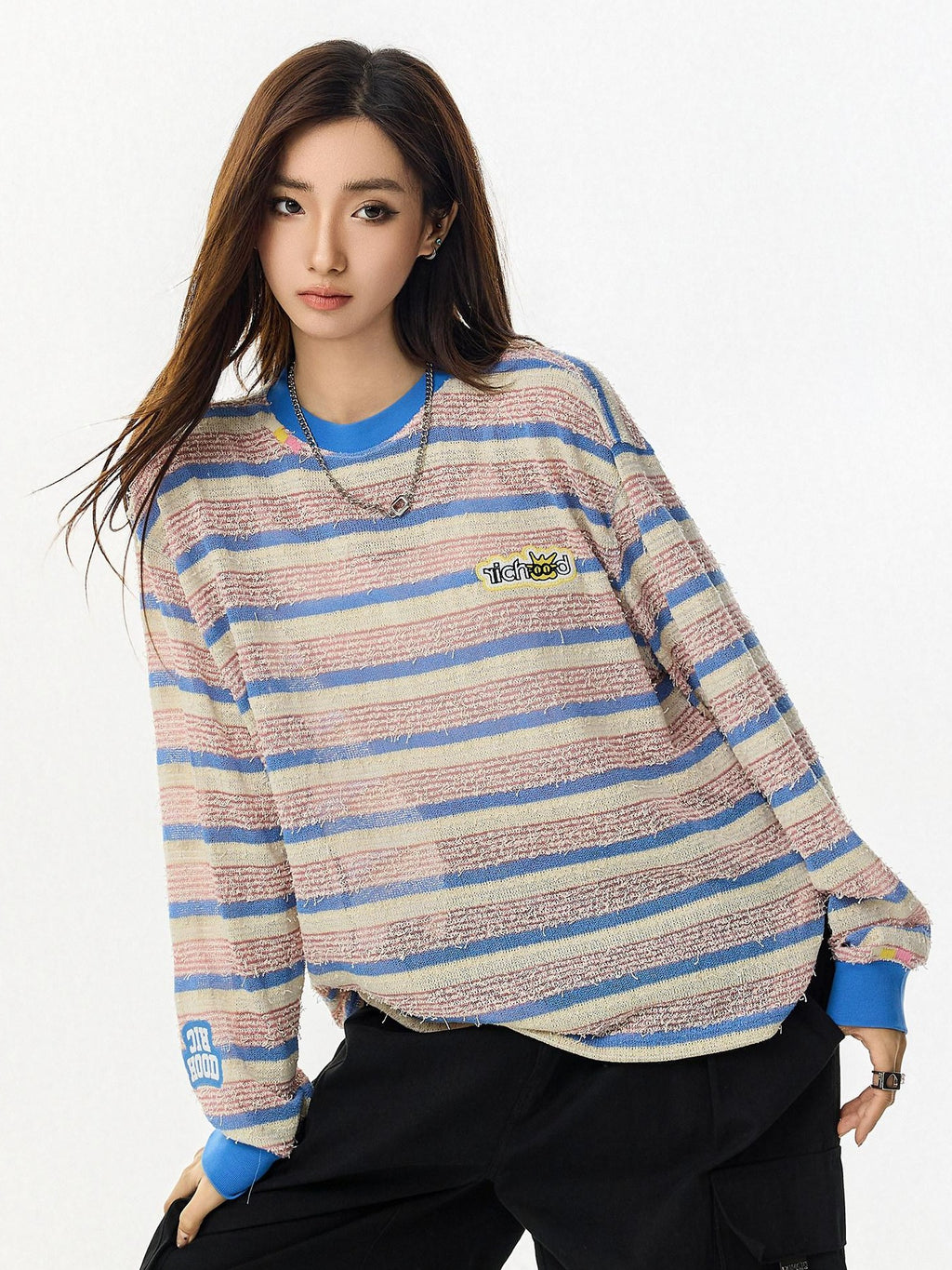 RickyisClown Pineapple Texture Contrast Striped Men's Polyester Blend Long Sleeve T-shirts